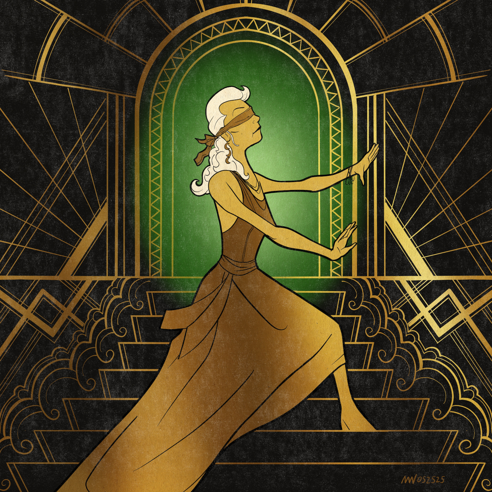 Dora, in a fancy gown, walks blindfolded up a set of stairs.