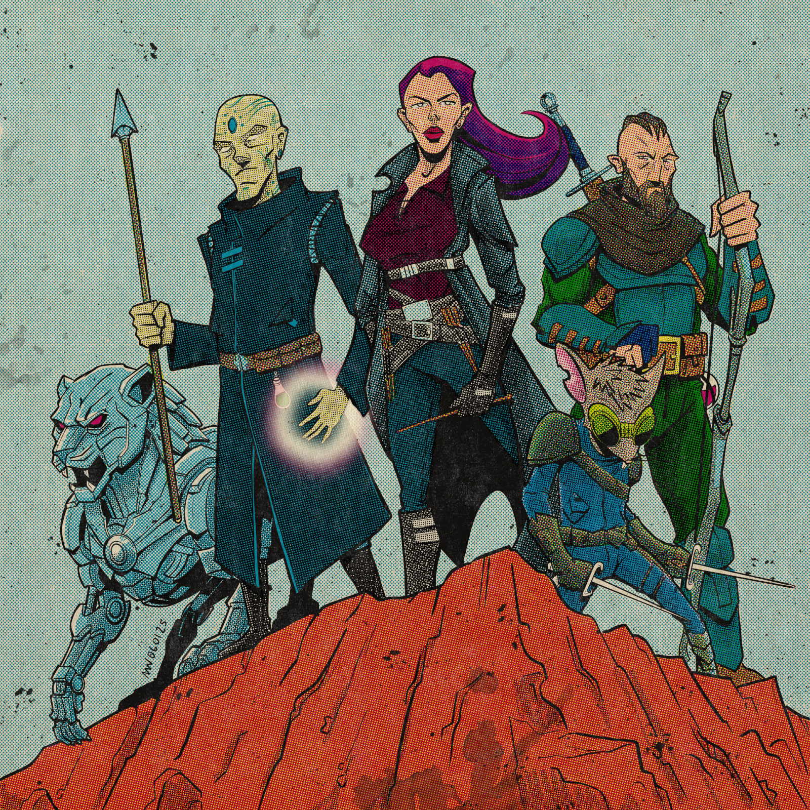Four unknown adventurers stand on a cliff's edge with a metallic feline creature.