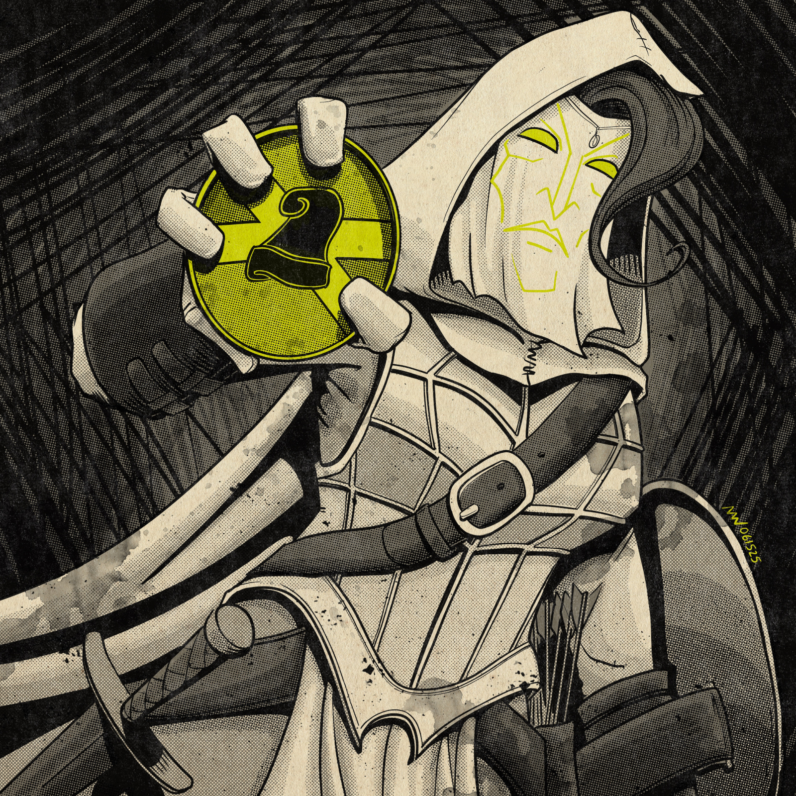 An armored and masked woman brandishes a menacing badge.
