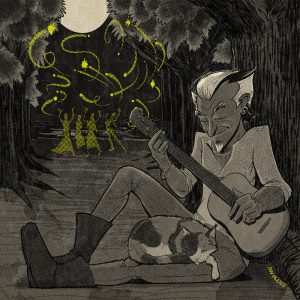 Barnabus plays guitar with a cat on his lap while a group of figures dances in the trees behind them.