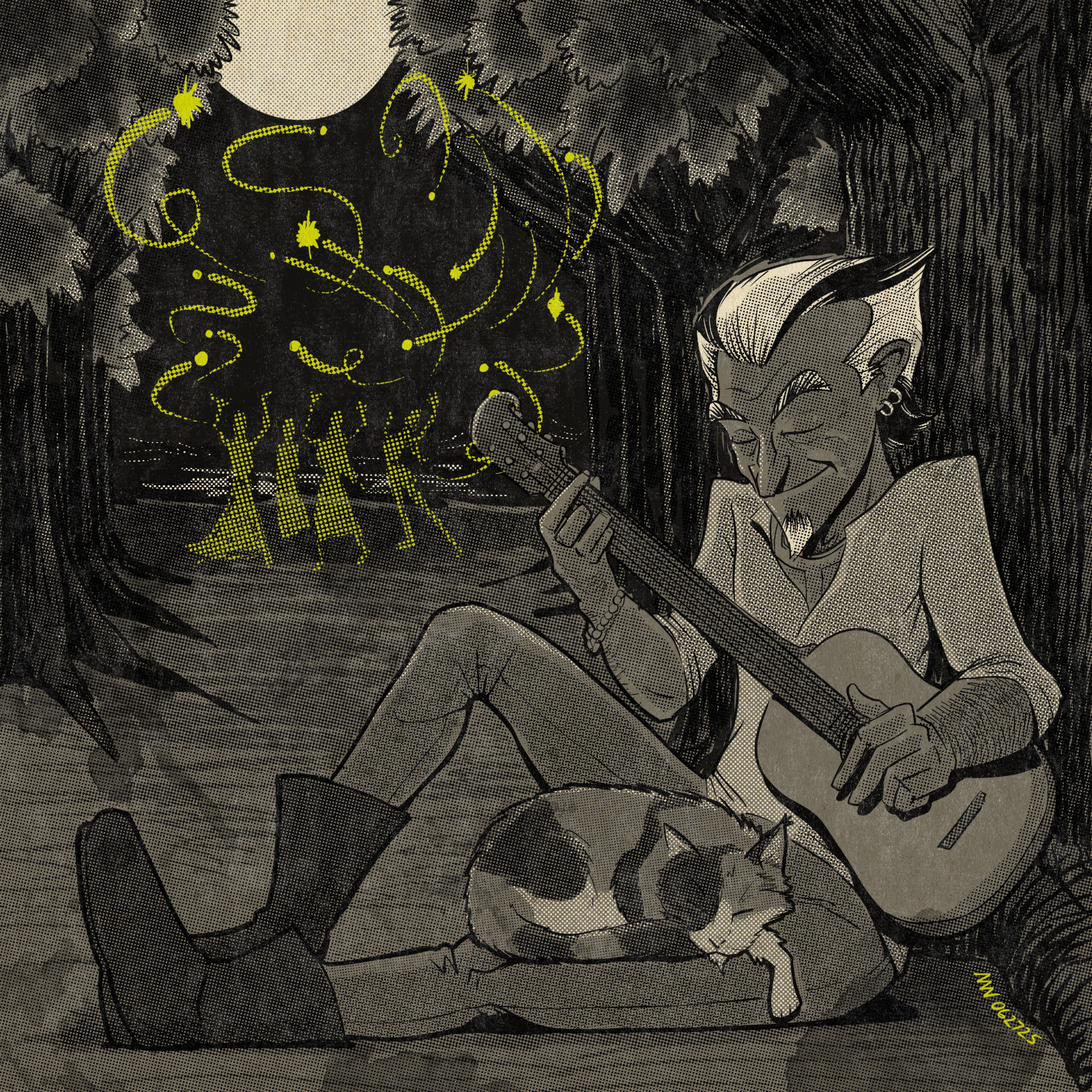 Barnabus plays guitar with a cat on his lap while a group of figures dances in the trees behind them.