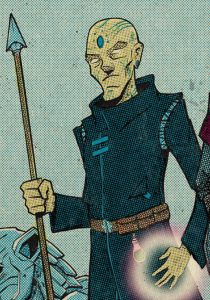 An Android man wields a spear and a magical aura.