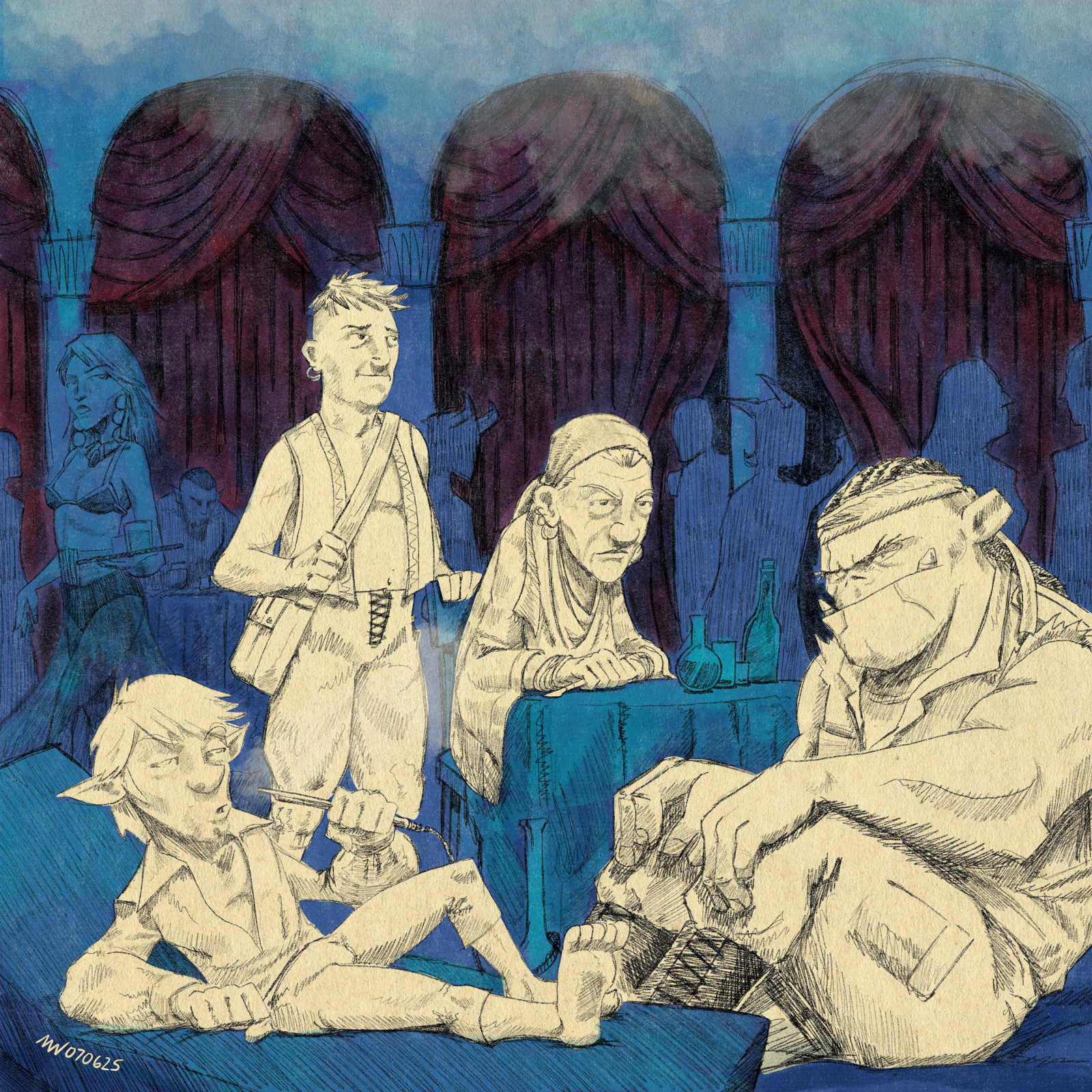 The party lounges in a smoky drug den, with Vik appearing in a new guise.