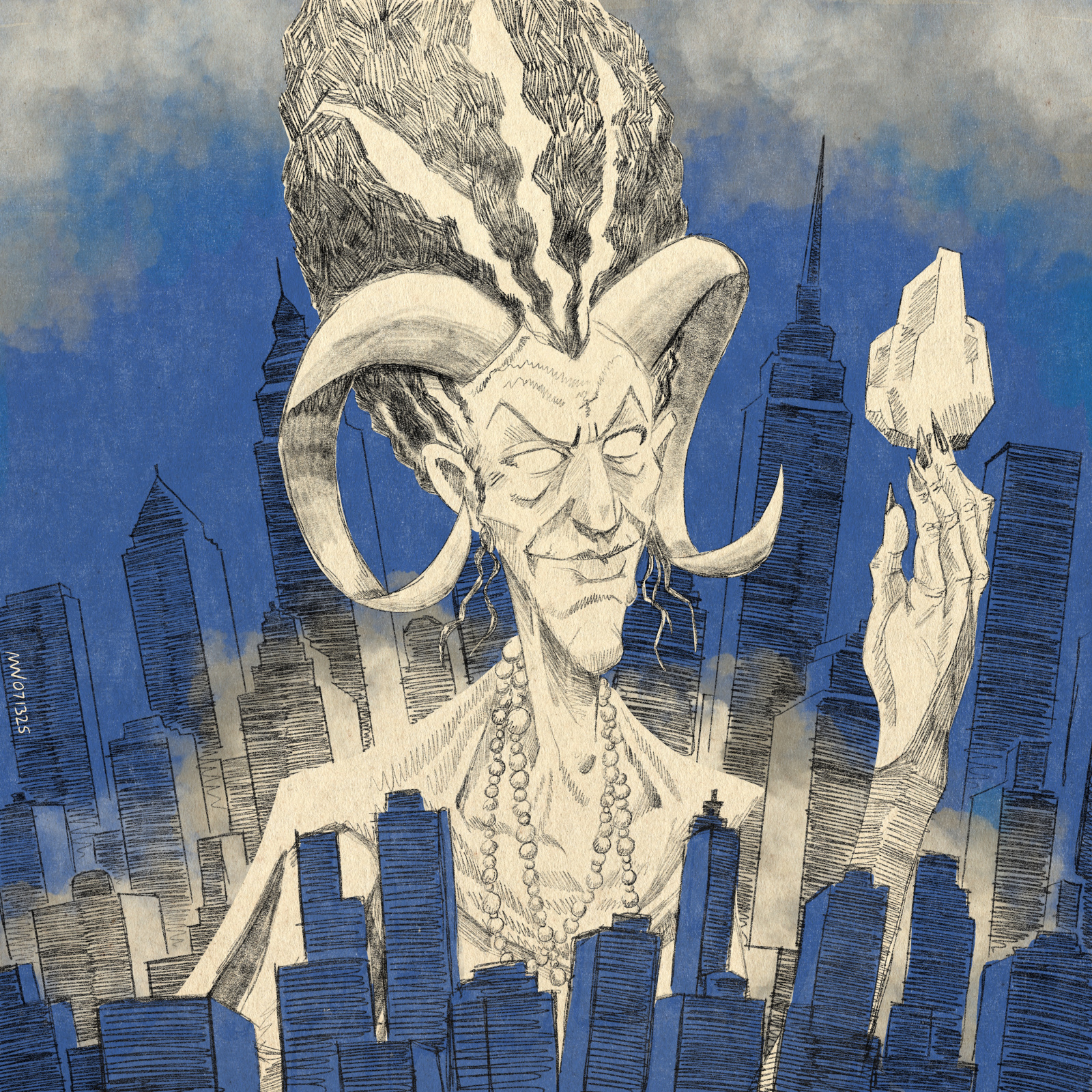 A hag with tall hair and ram's horns looms over a tall city, brandishing a large gemstone.