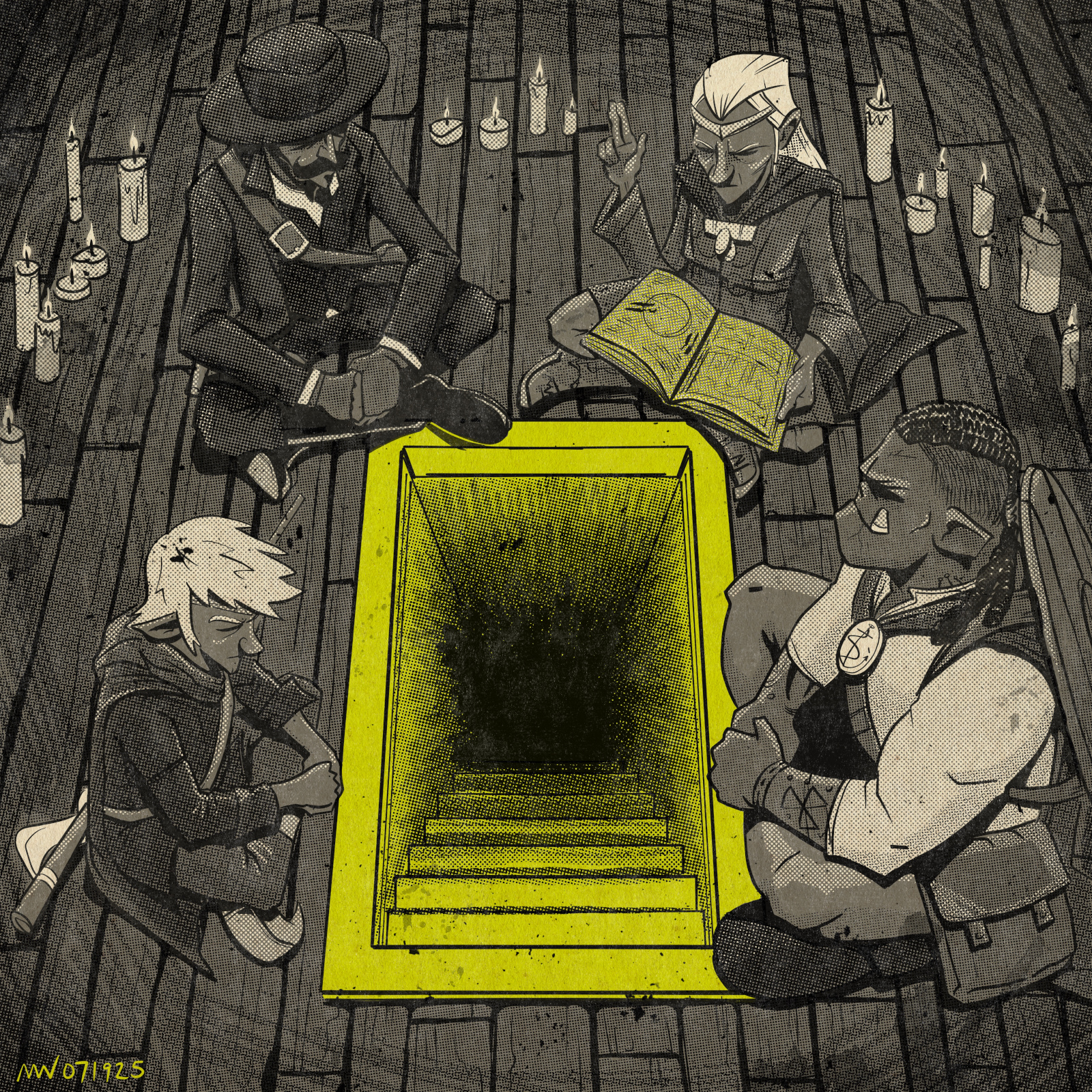 Vik, Dora, Grip & Dabwick sit crosslegged around a staircase descending into a wooden deck.