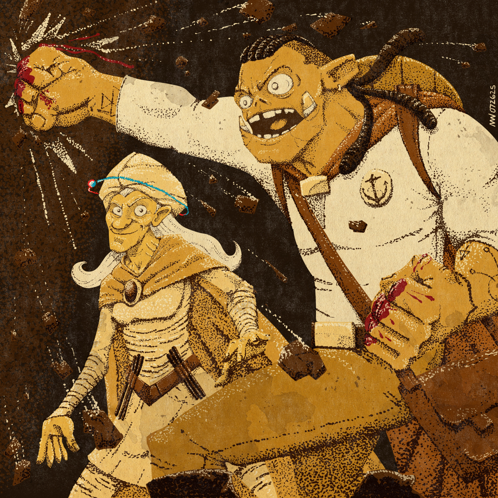 Thema looks on as an enraged Grip punches a wall with bloody hands.