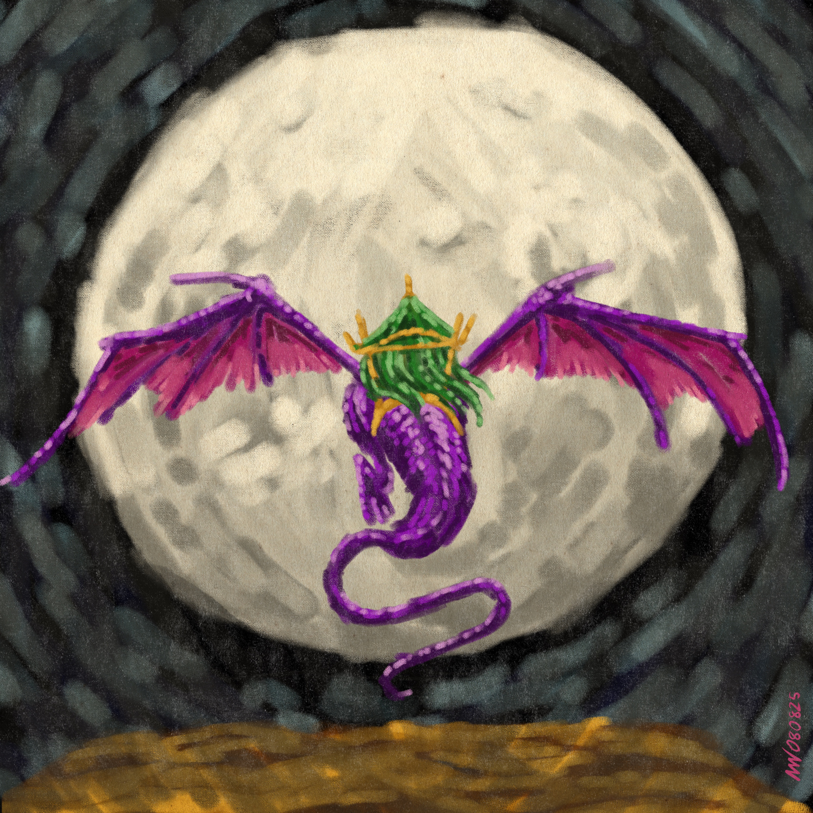 An iridescent purple dragon wearing a green howdah flies toward the moon.