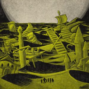 Six figures stand at the edge of a desert filled with ominous detritus.