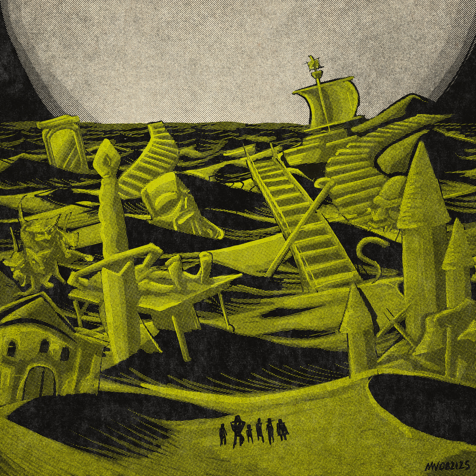 Six figures stand at the edge of a desert filled with ominous detritus.