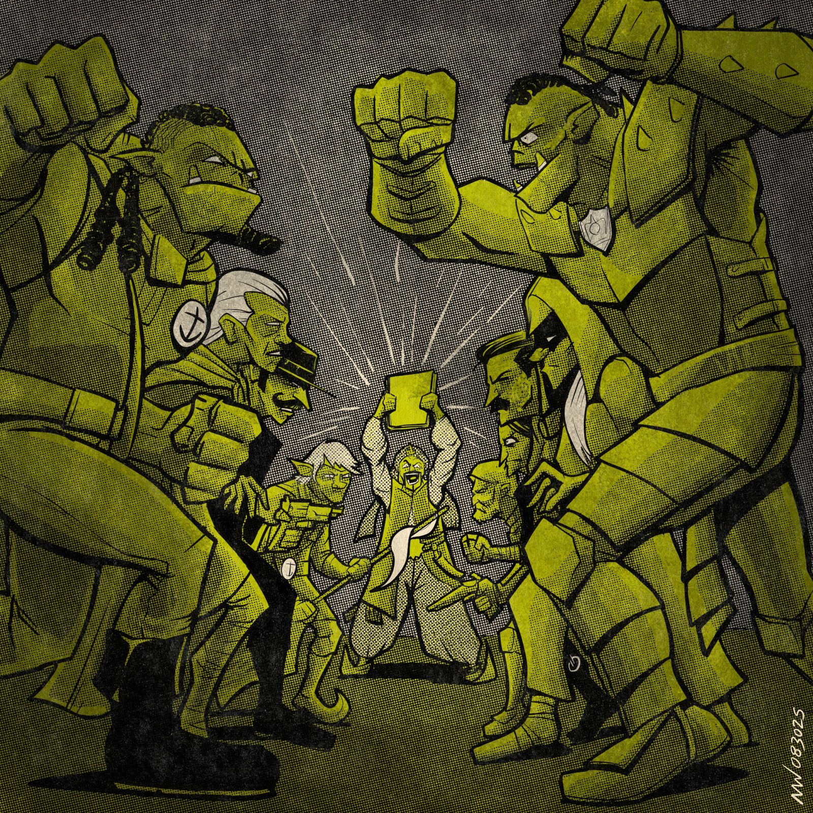 The party faces off with their former selves while the Mad Poet raises a tome over his head.