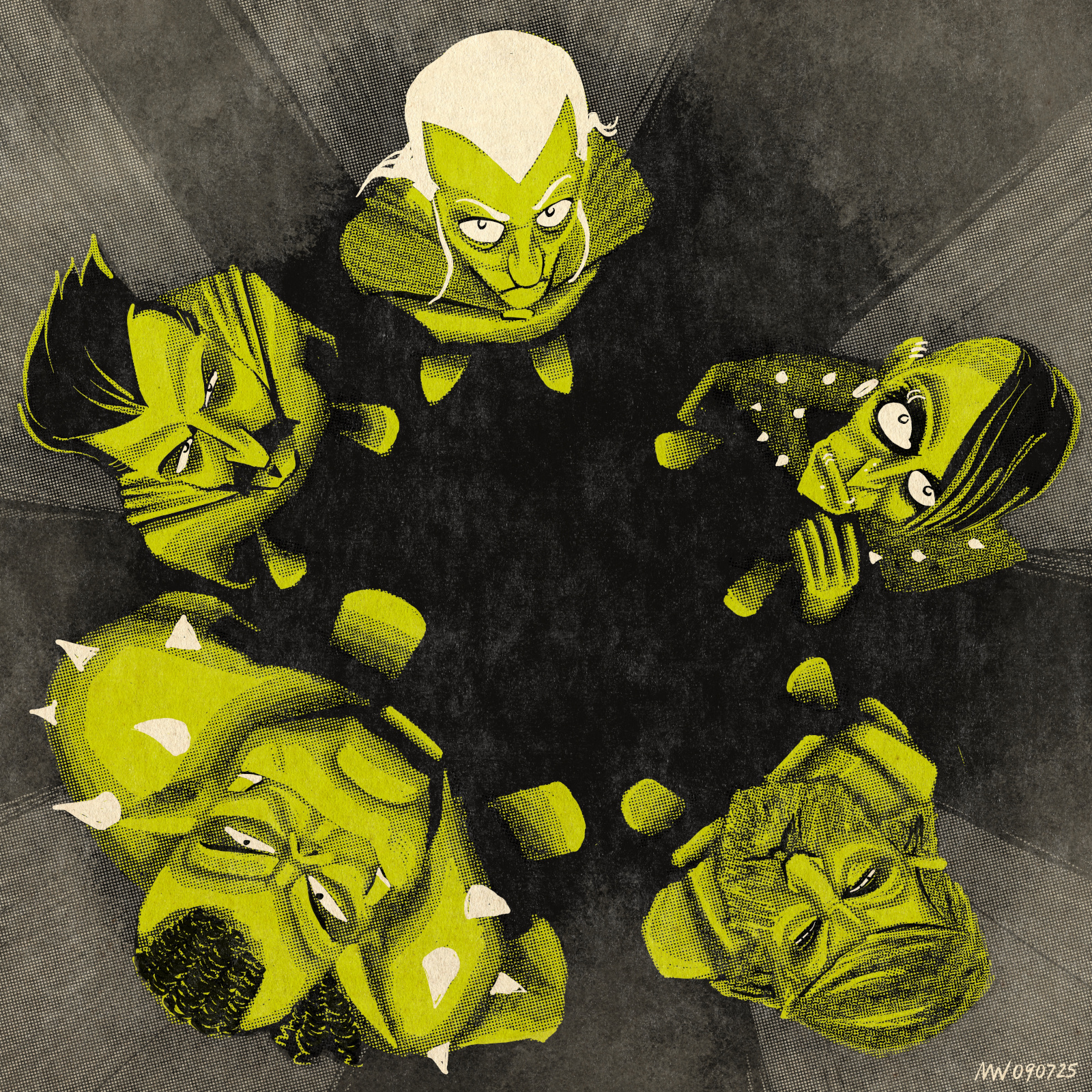 Thema, Ray, Vatticus, Riptusk & Rony stand in a circle and stare upward.