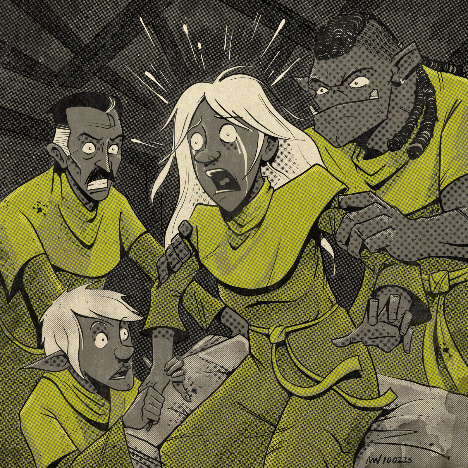 Dora sits up from a cot, crying, while Dabwick, Vik, and Grip comfort her.