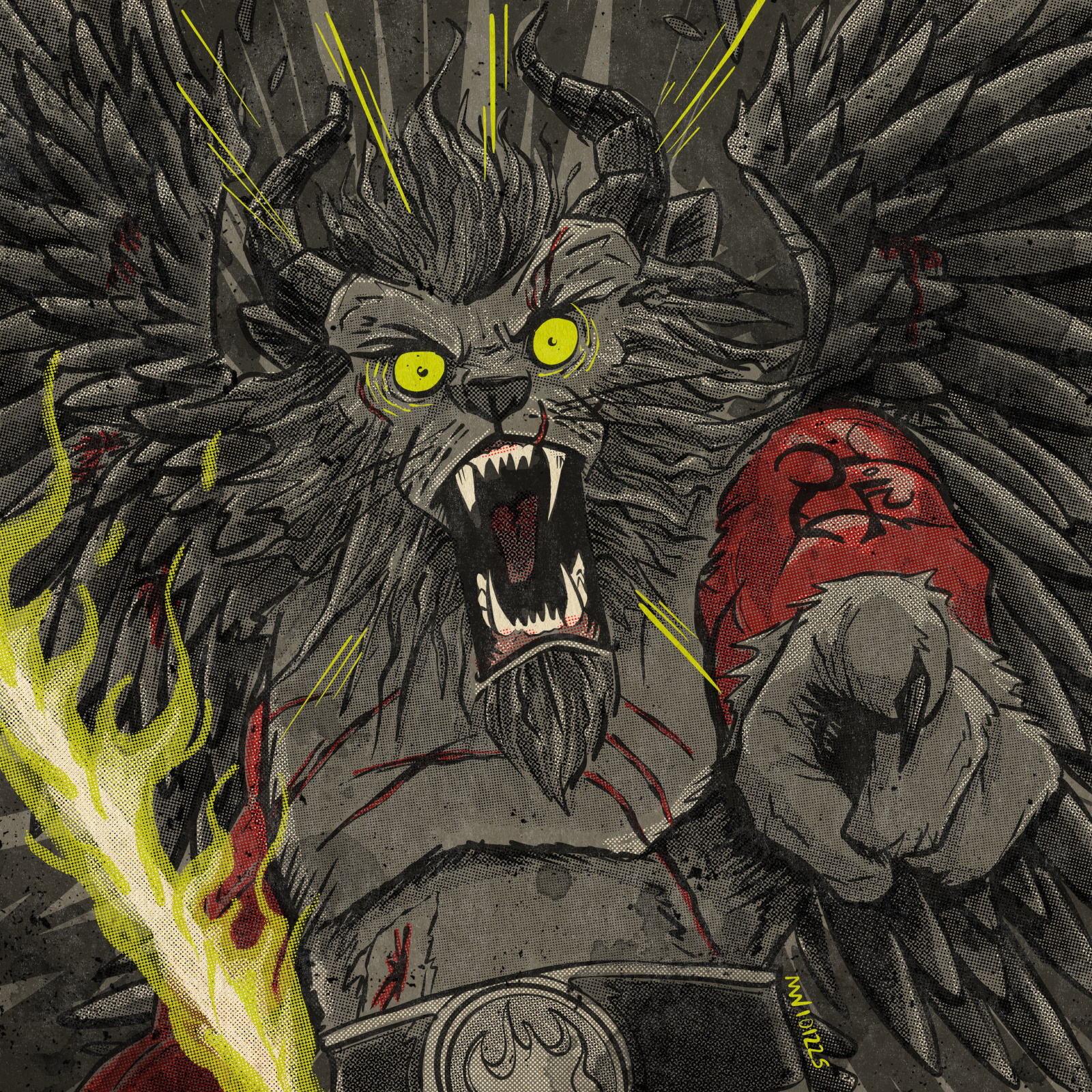 A demonic figure with a lion's face and angel's wings point in fury.