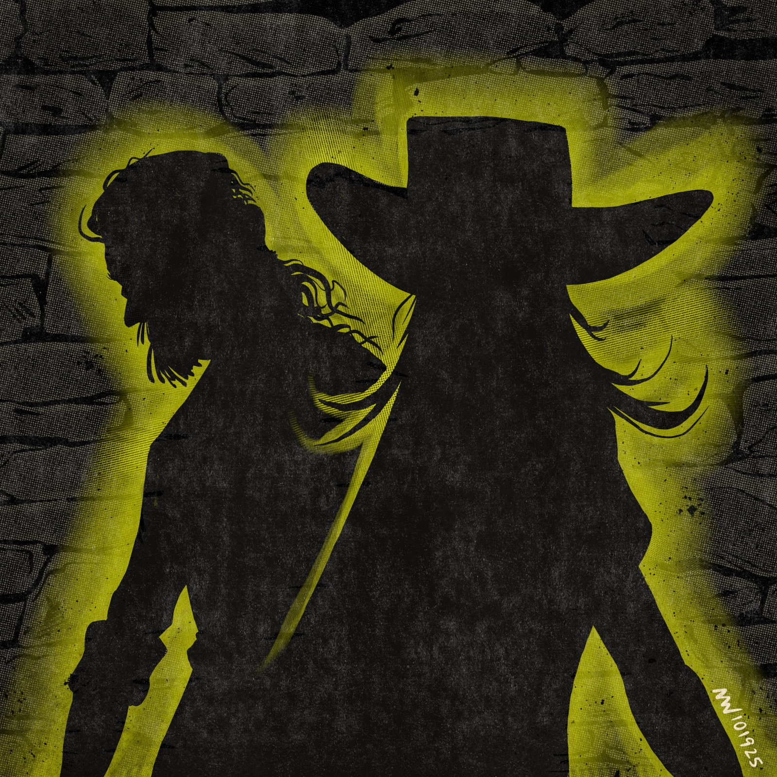 The negative-space shapes of Stazi and Stanhope stand before a brick wall.