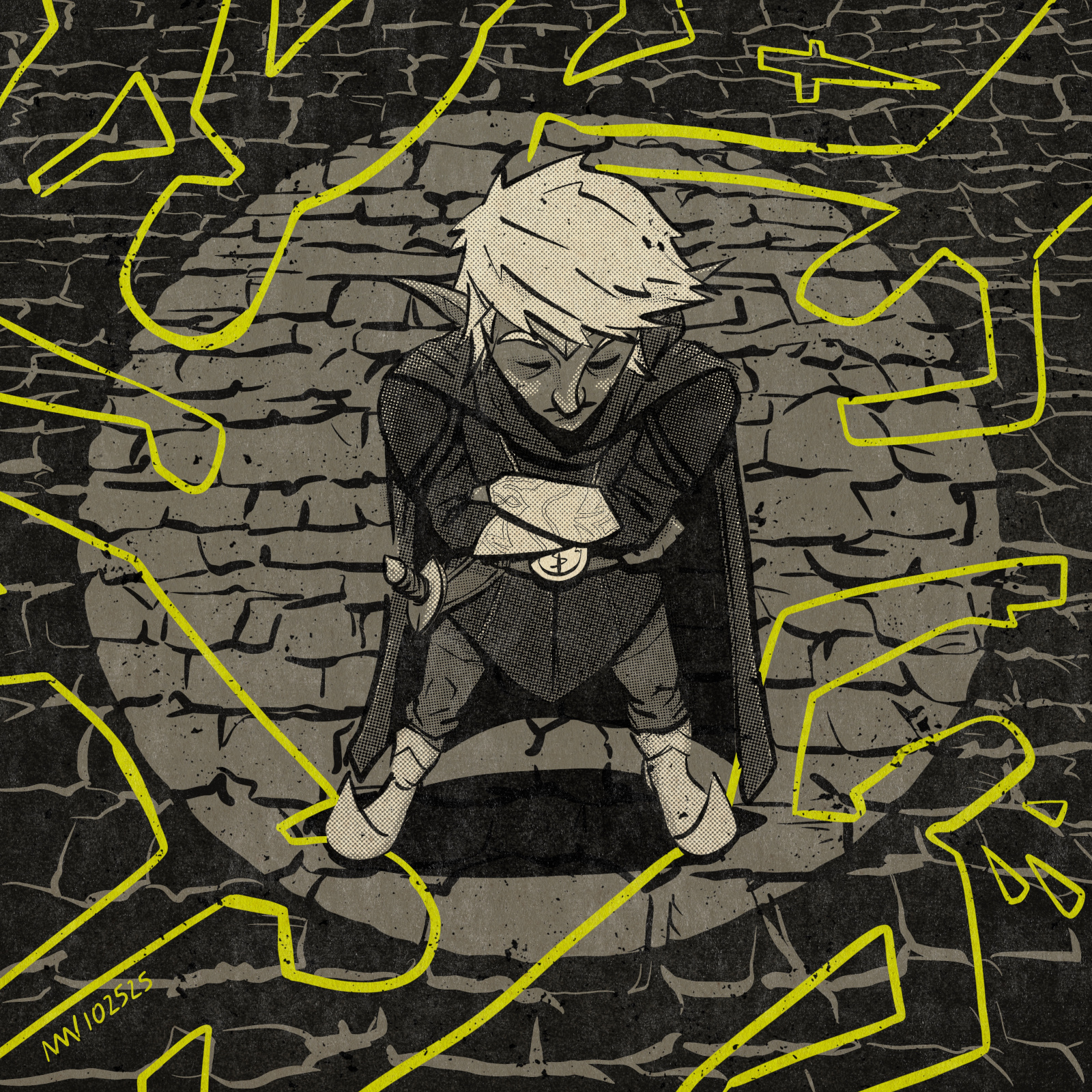 Dabwick stands among a group of chalk outlines of bodies on a city street.