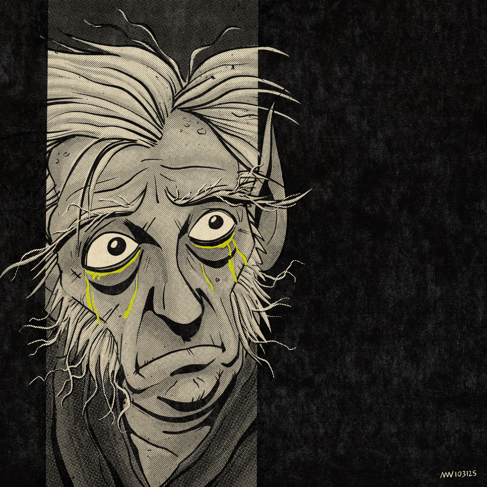 A sad and exhausted old gnome looks through a narrow crack.