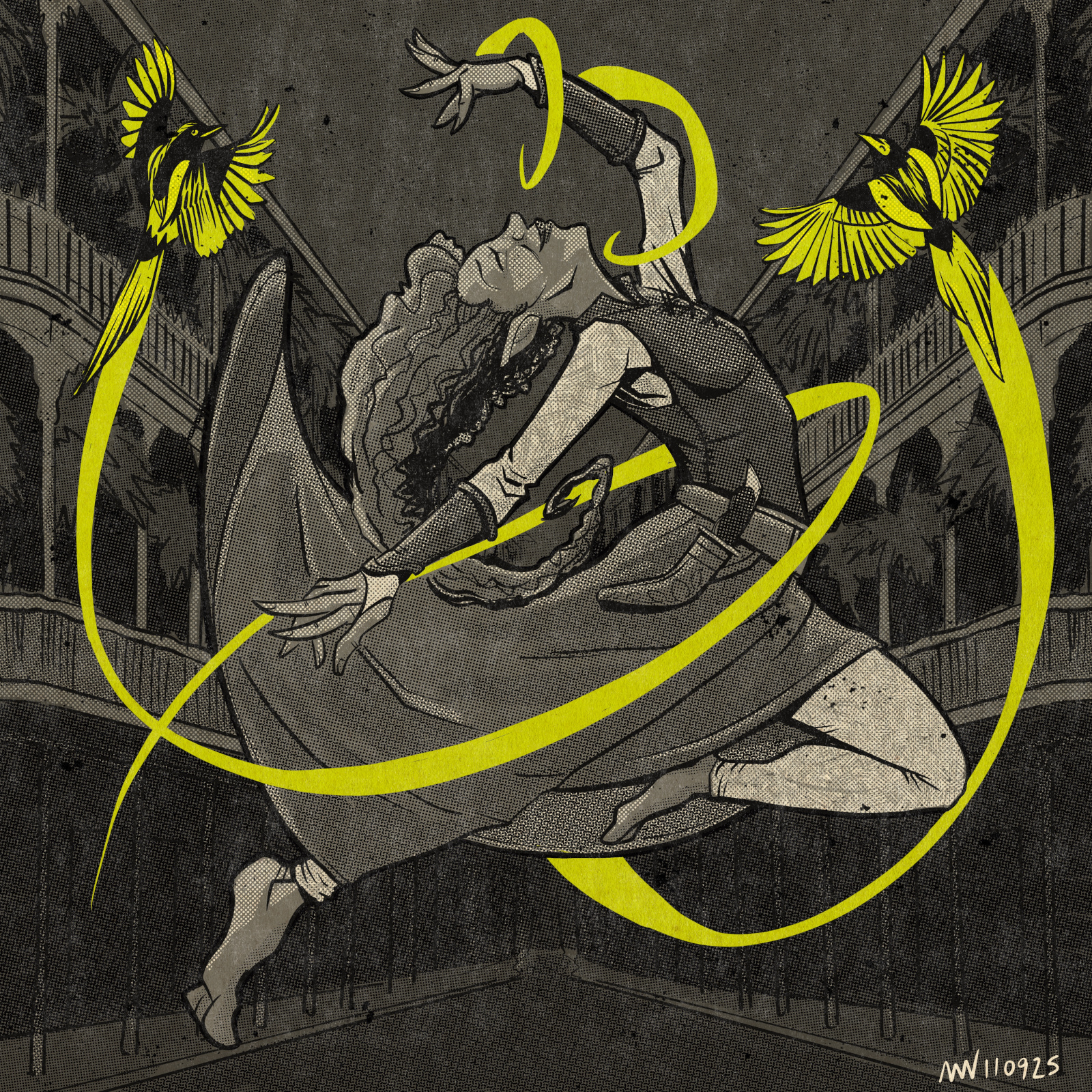 A half-elven woman dances in the street with two magpies circling around her.