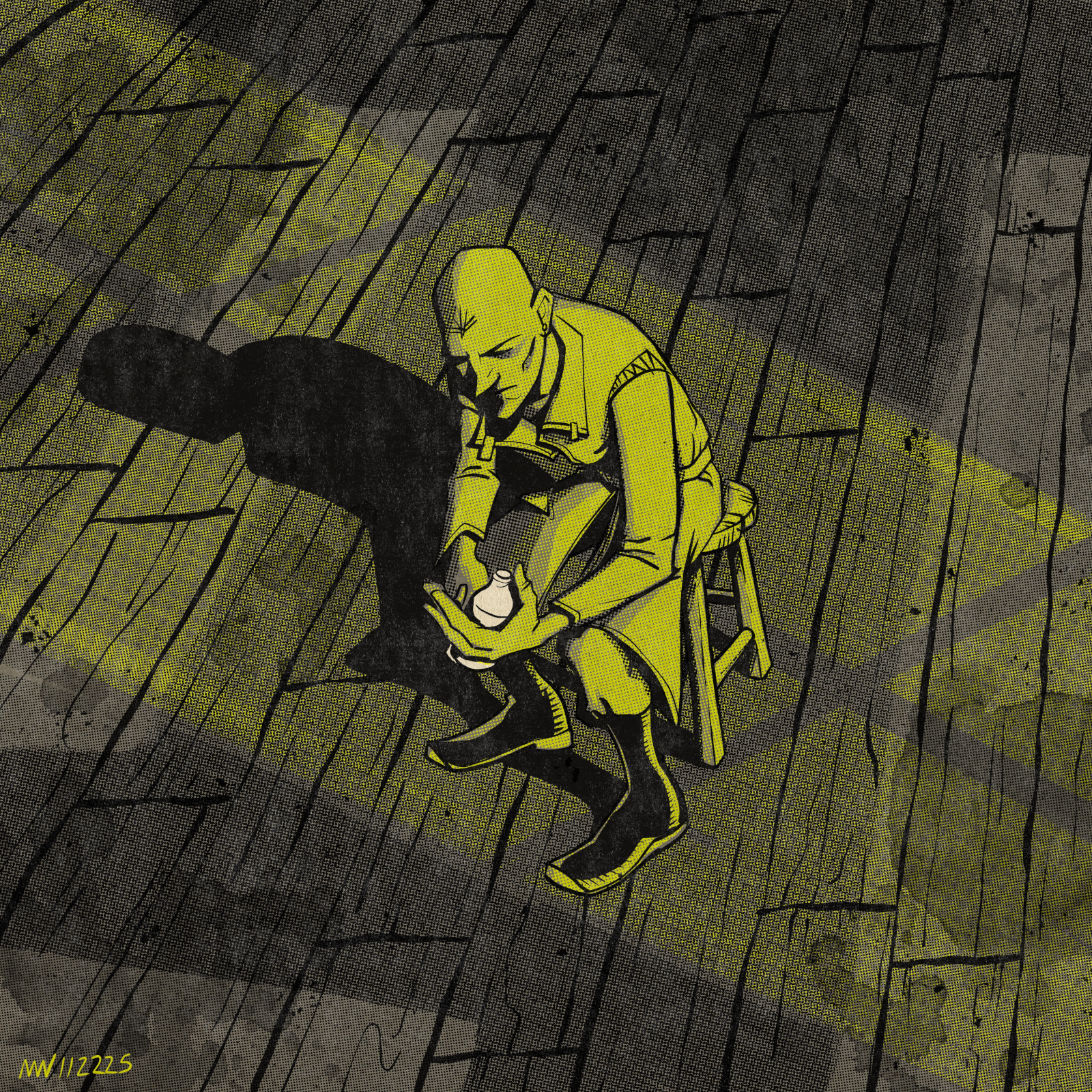 An unremarkable-looking humanoid man sits on a stool in an empty space holding an object he is contemplating.