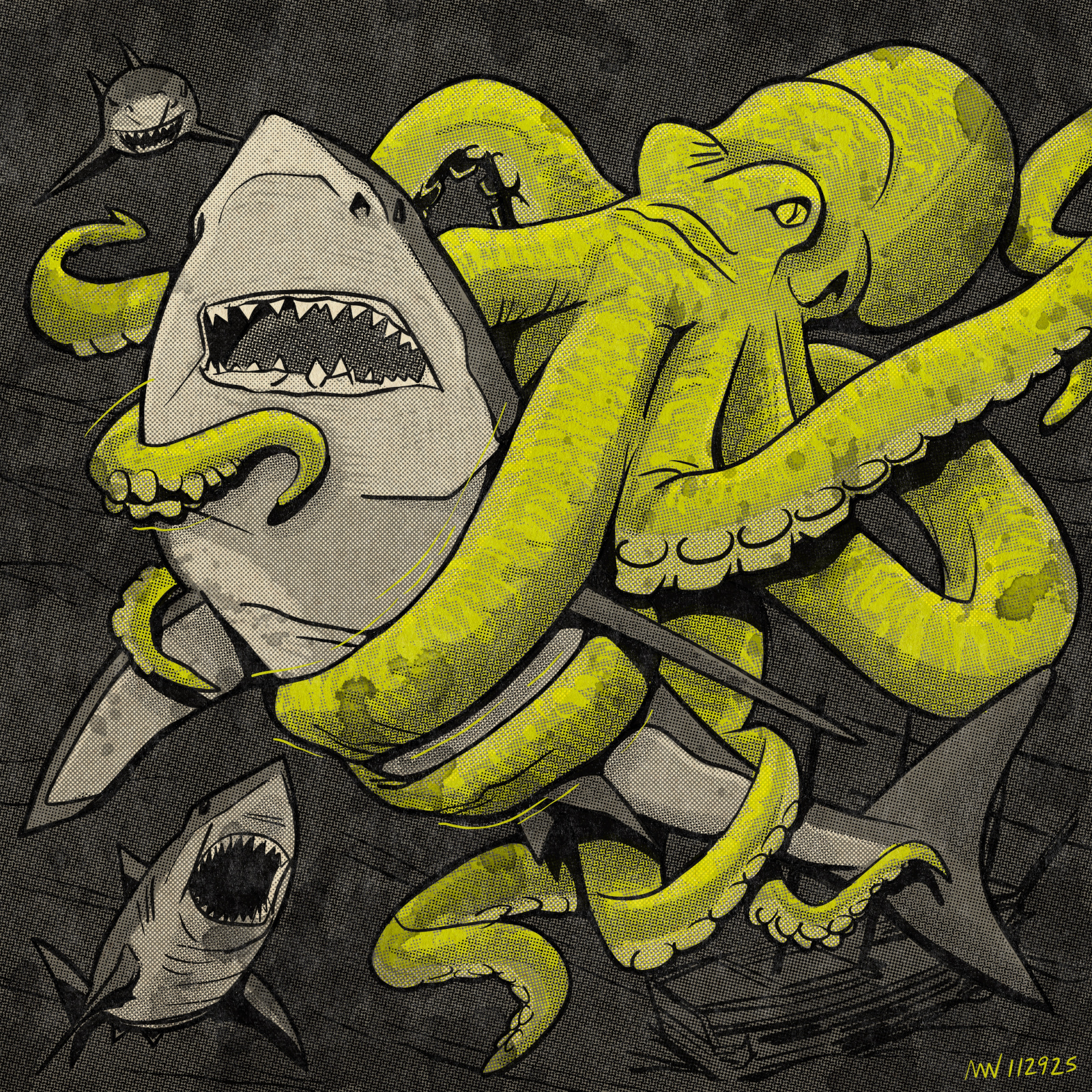 A giant octopus envelops a shark in its tentacles.