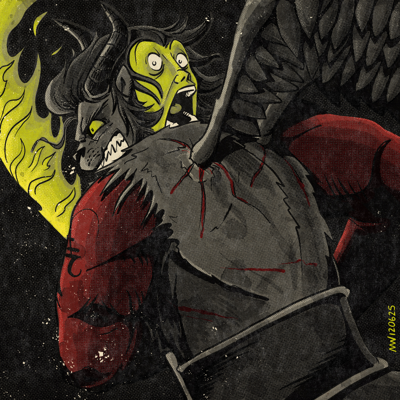 A demonic figure is seen from behind, where a second face is erupted from behind its head.