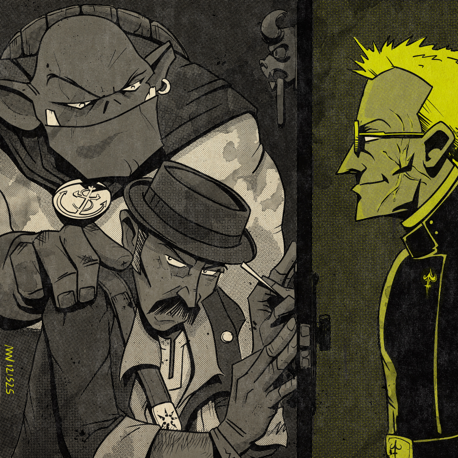 Bash picks the locks of a door, hounded by Grip, while Miacknian Mun waits on the other side, smiling.