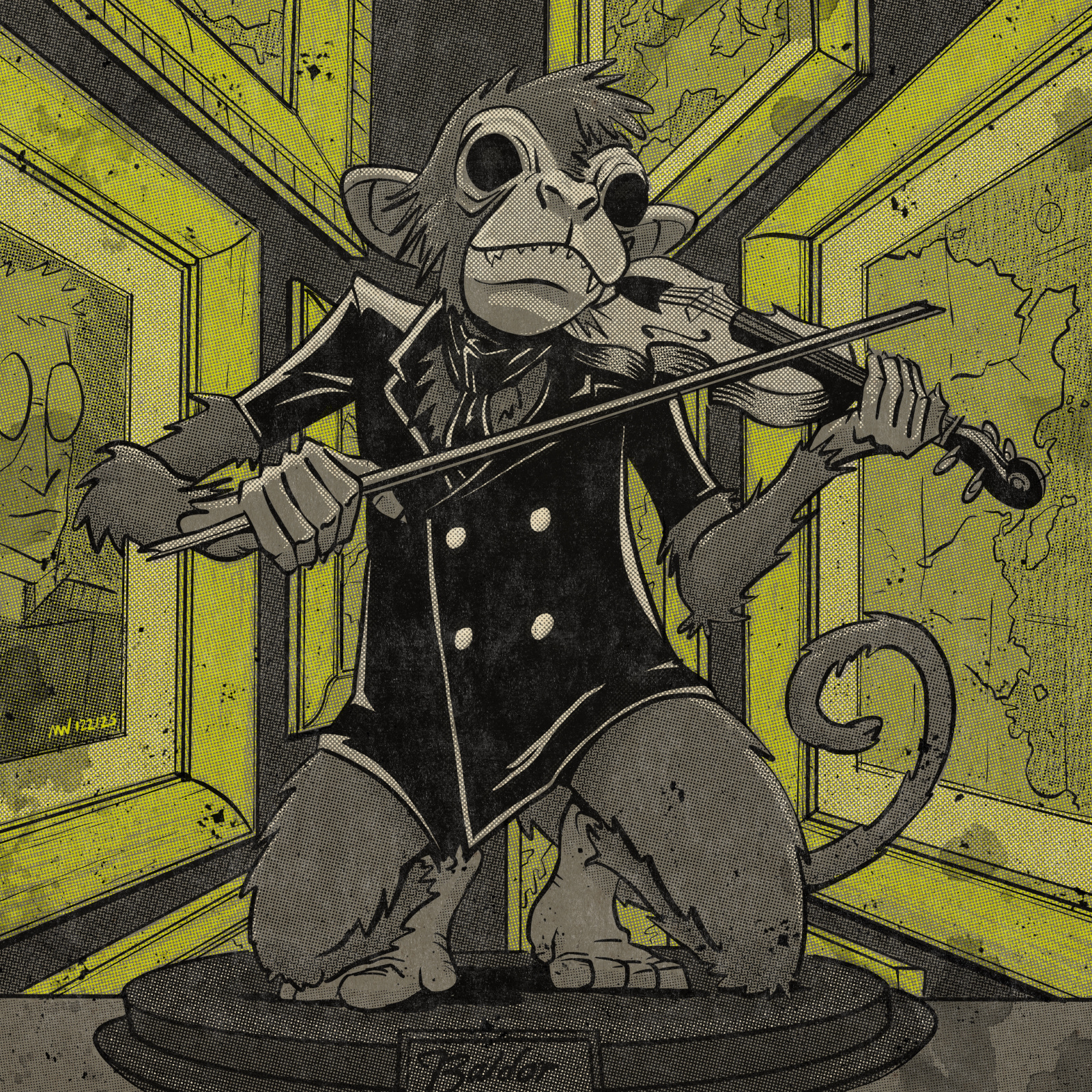 A taxidermied monkey plays a violin.