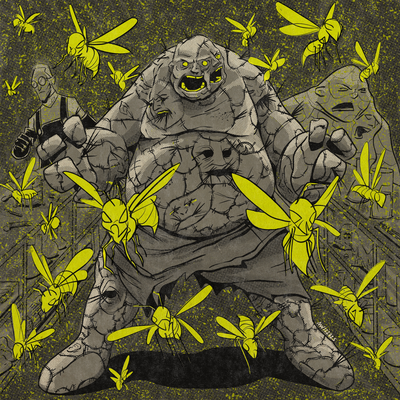 A pair of hideous Skinstitches approach, surrounded by wasps.