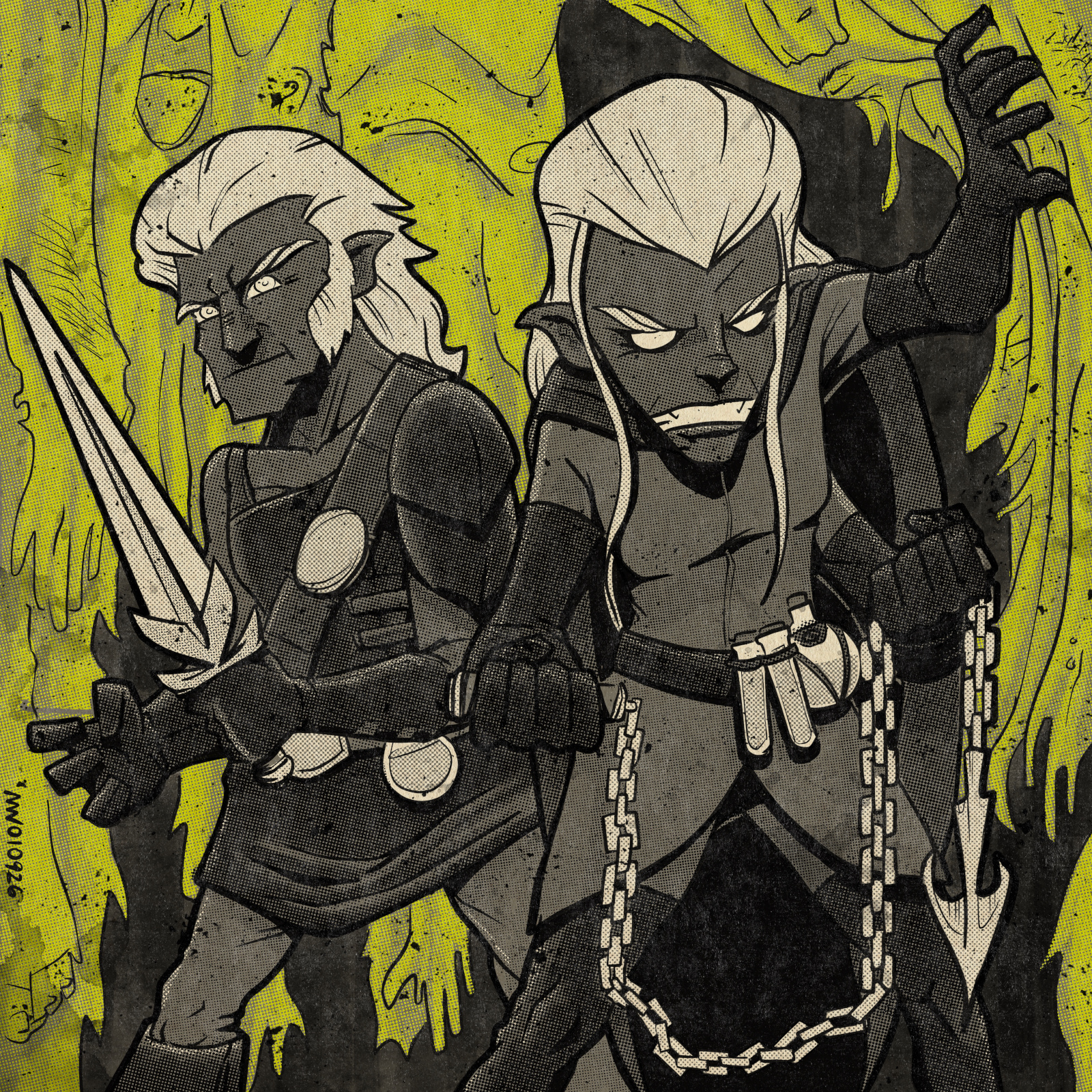 Two armed derro emerge from under a gruesome sheet.