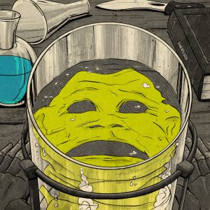 A flayed face stares up from a large jar of fluid.