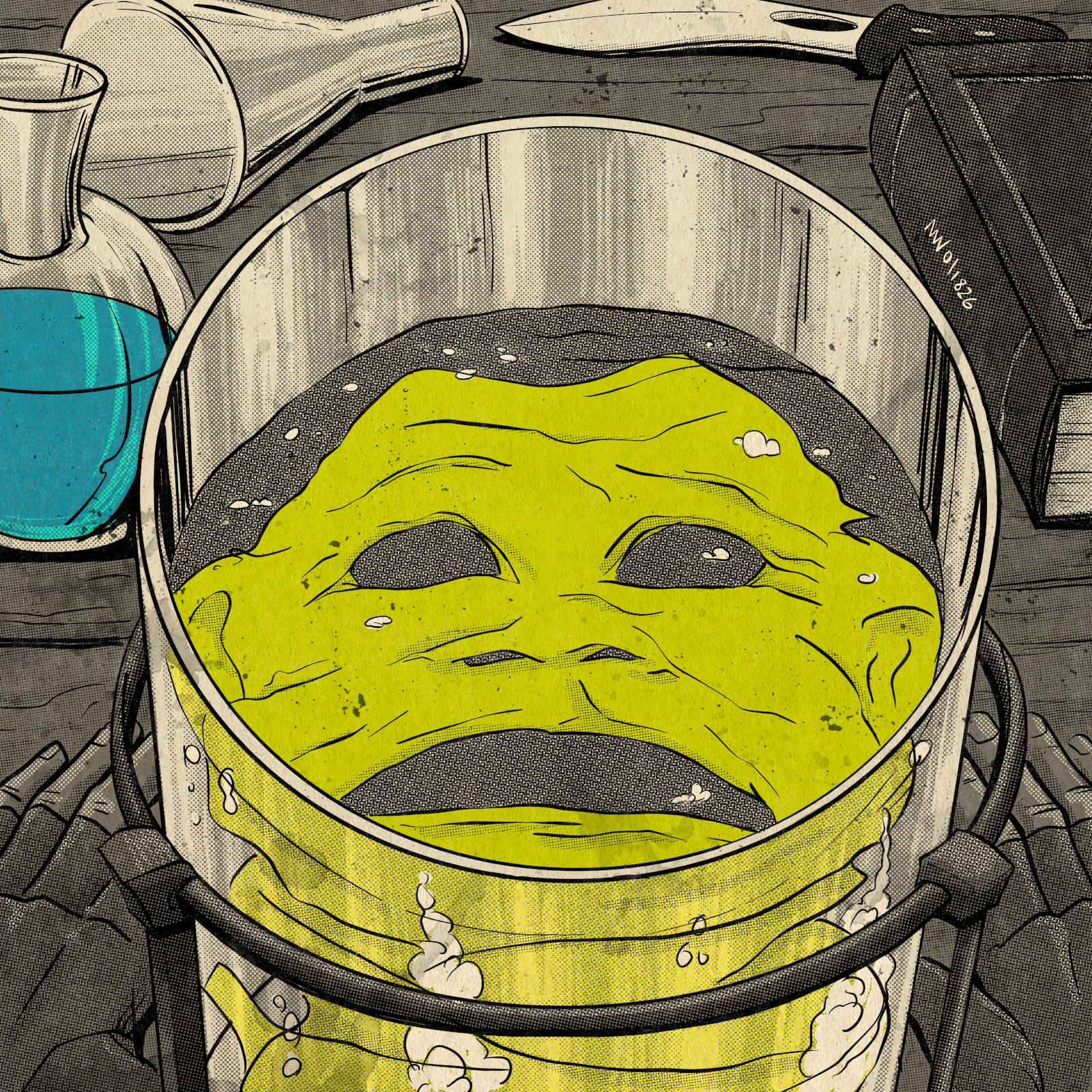 A flayed face stares up from a large jar of fluid.