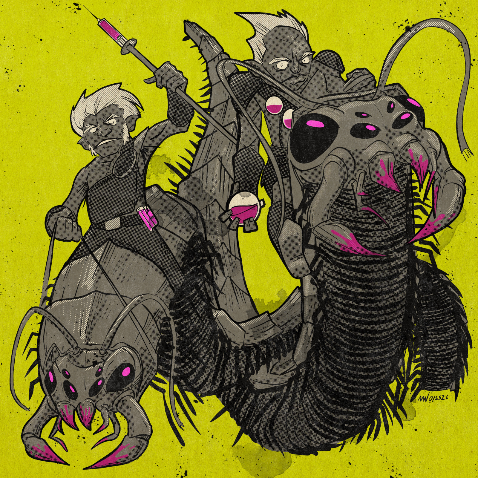 Two derros ride giant centipedes.