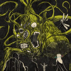 A giant, tree-shaped horror with mouths and tentacles looms over the party, while a young boy gestures for help.