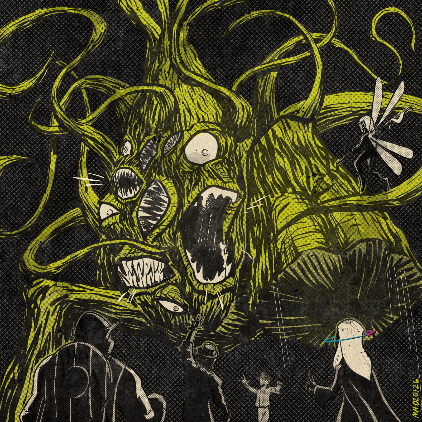 A giant, tree-shaped horror with mouths and tentacles looms over the party, while a young boy gestures for help.