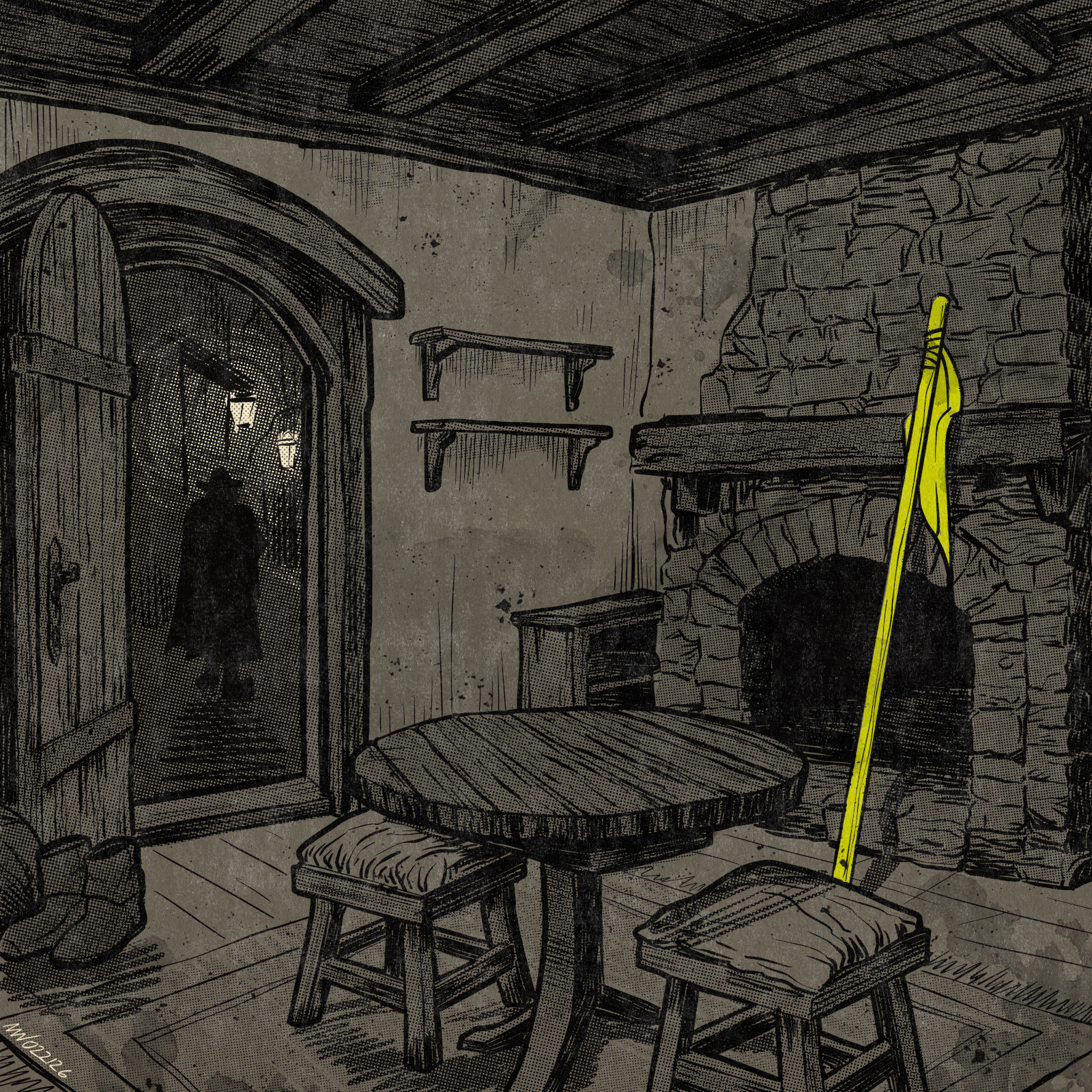 Dabwick's flag staff leans against the wall in an empty apartment as a shadowy figure is seen through an open door walking away into the night.