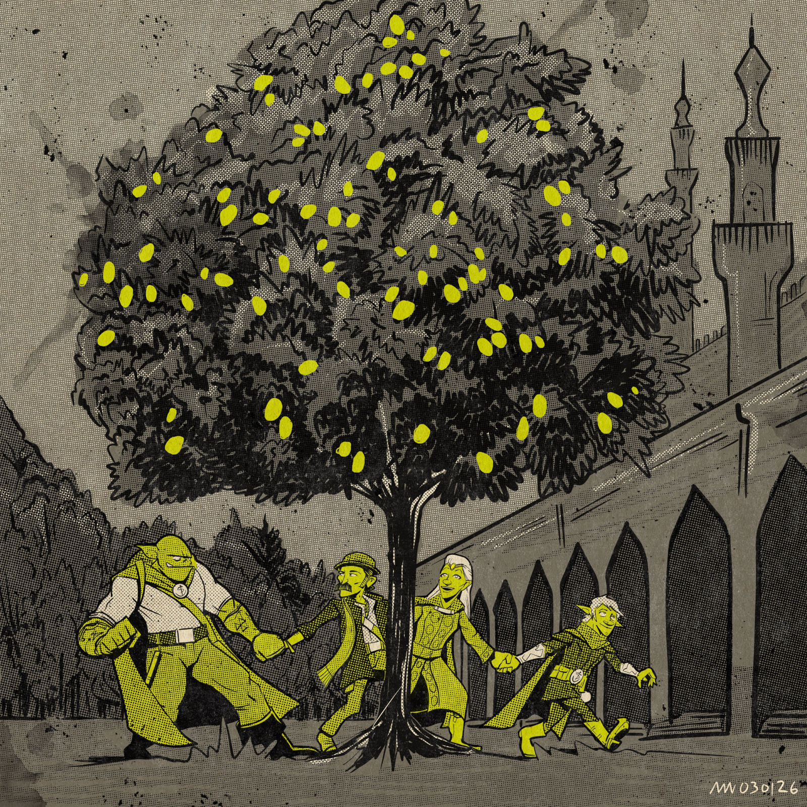 The party steps through a lemon tree from a forest to the interior of a city.