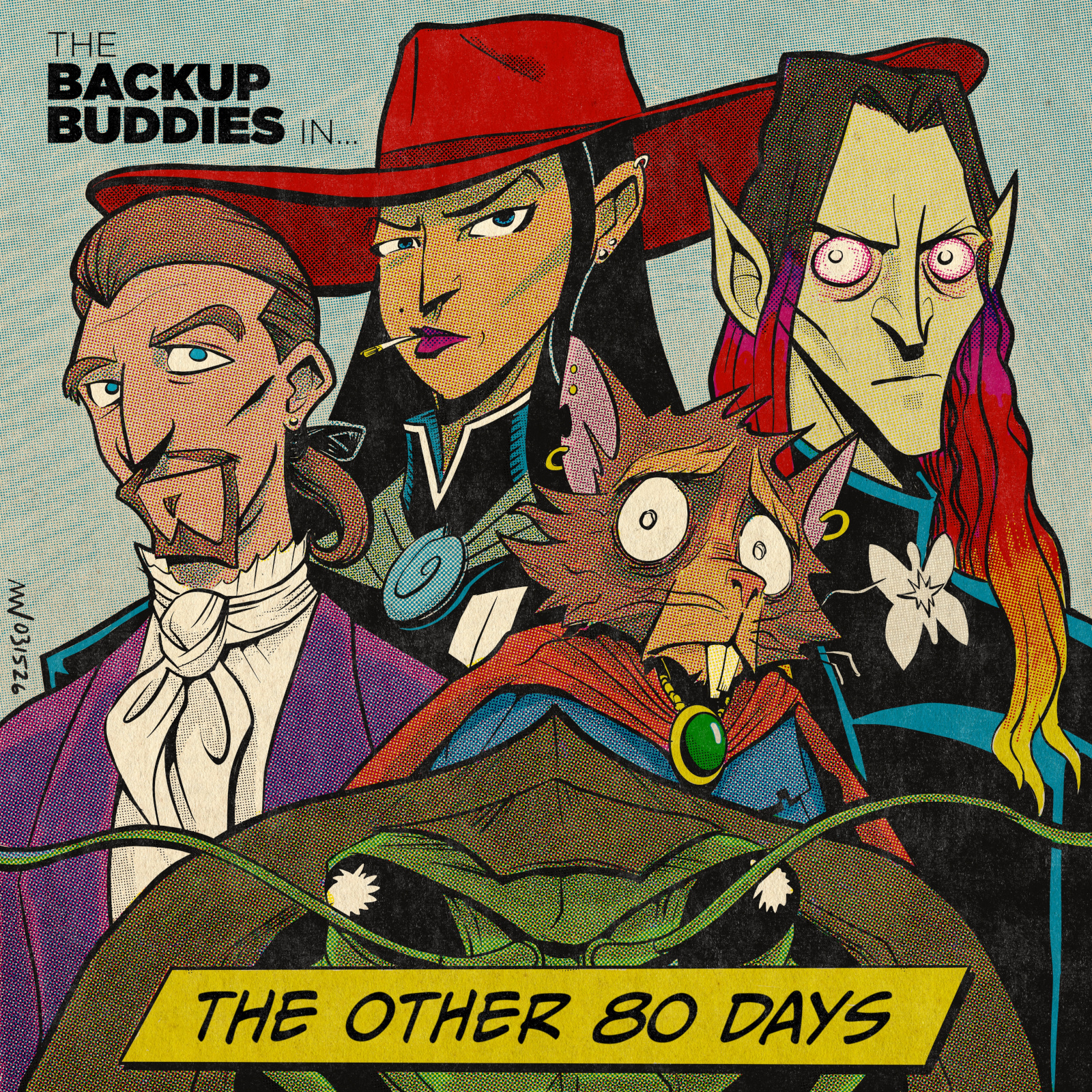 Stanhope, Stazi, Tharivol, Nheb and Ulf stand together in a picture labeled "The Backup Buddies in... The Other 80 Days."