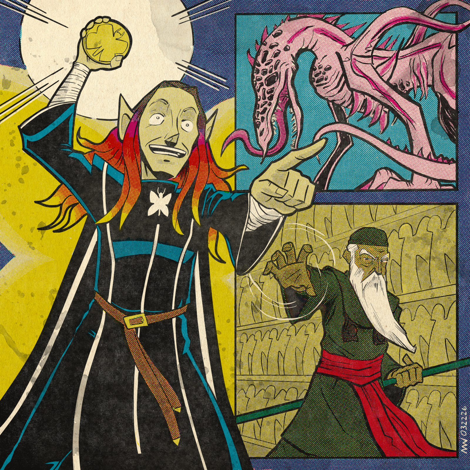 Tharivol raises his holy symbol and points, while in inset boxes, a Hound of Tindalos lurks and Elder Lythiin makes a warding gesture.