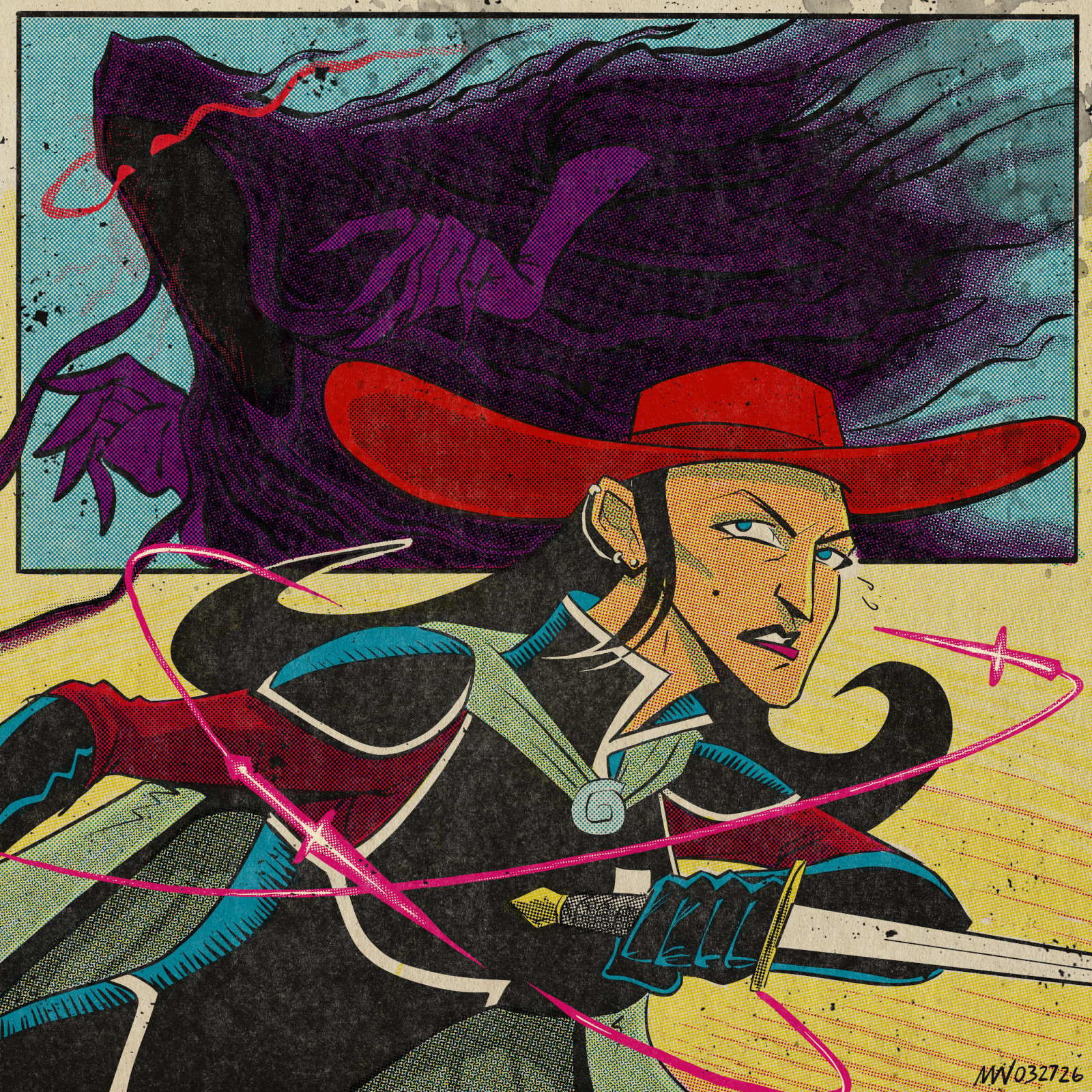 Stazi is armed with a dagger while being menaced by a looming wraith in an inset box.