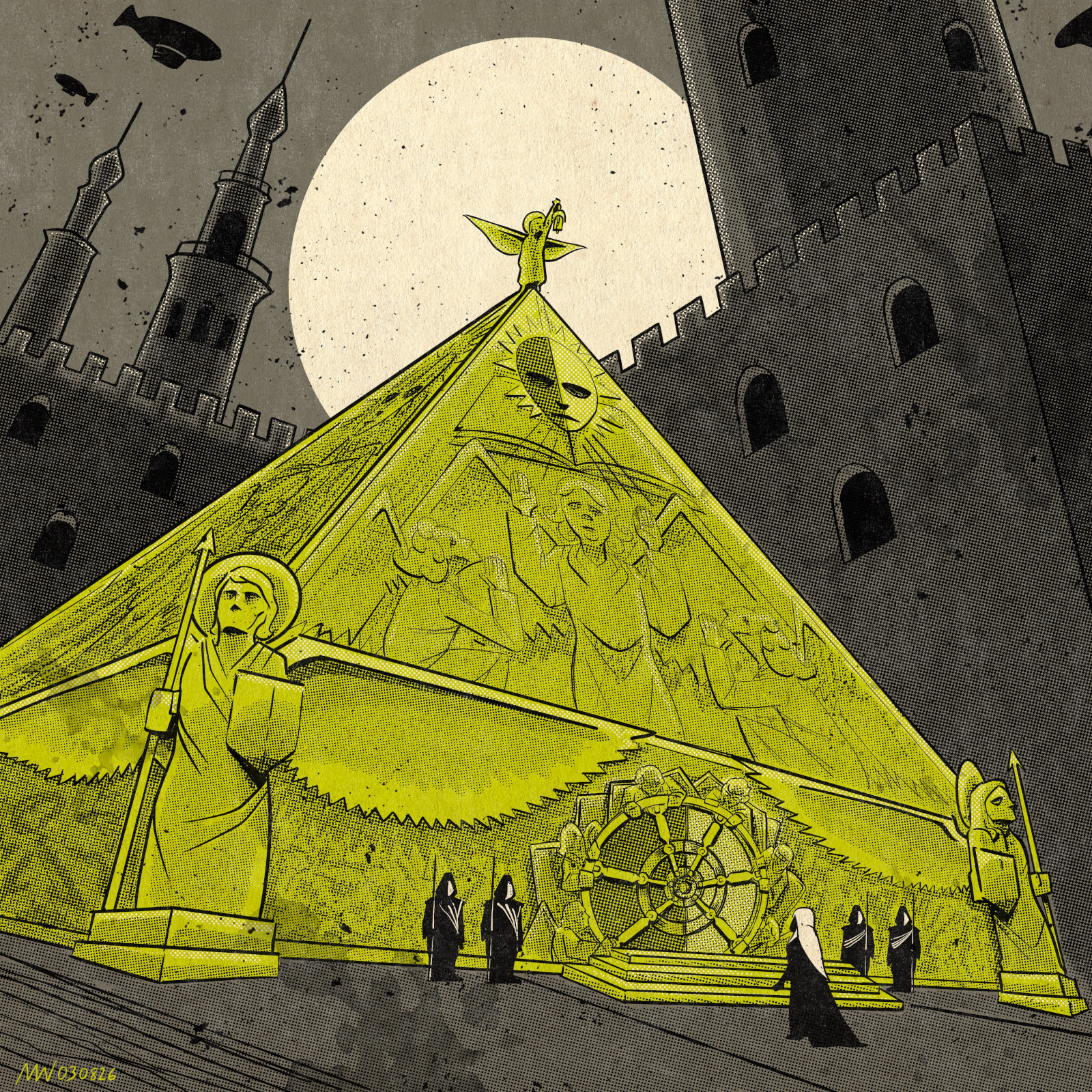 Pandora stands before the Mysterium: a striking building with a pyramid shape, decorated with angels.