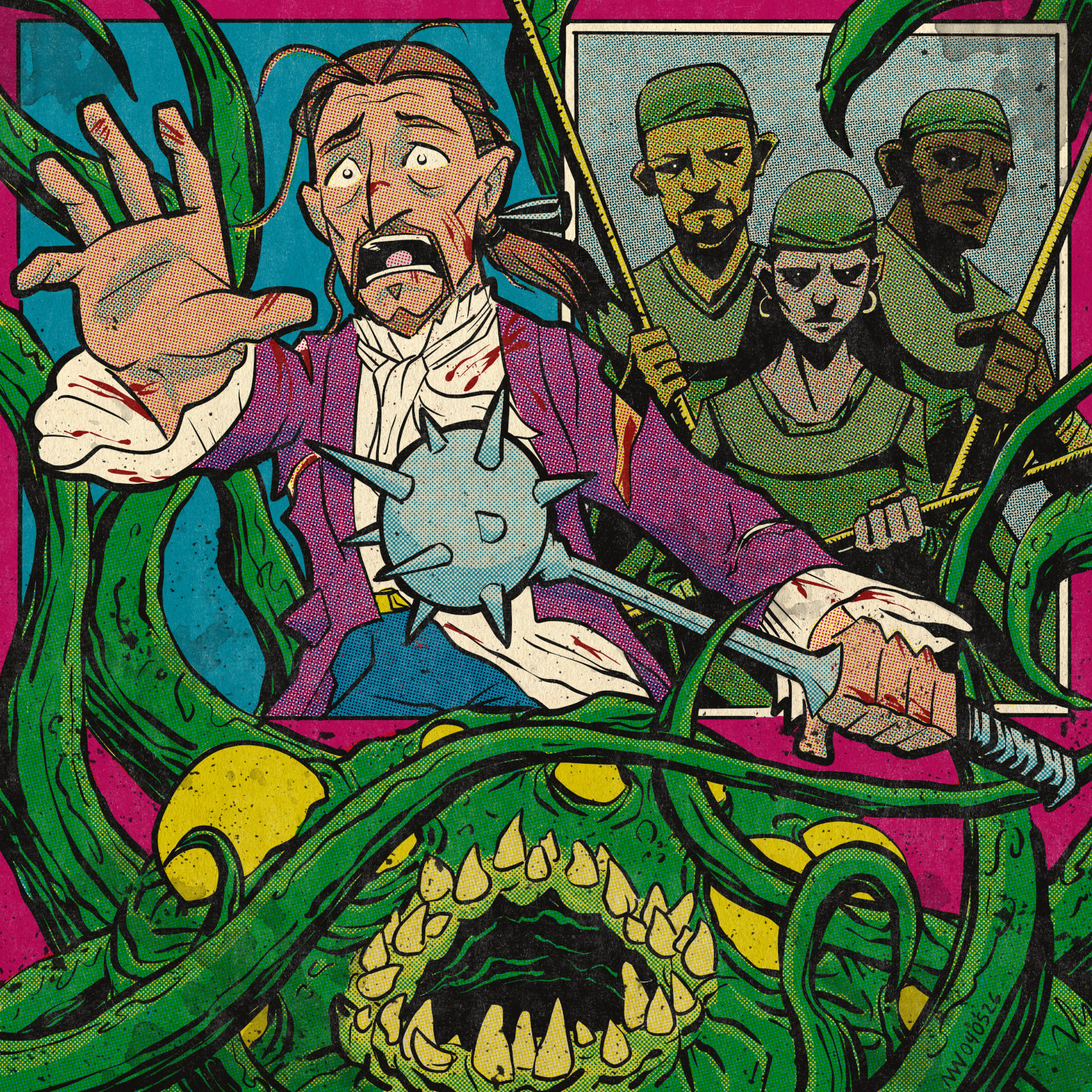 Stanhope backs away in terror from a tentacled mouthy creature while in an inset box three Stewards of the Vault lurk with dark looks.