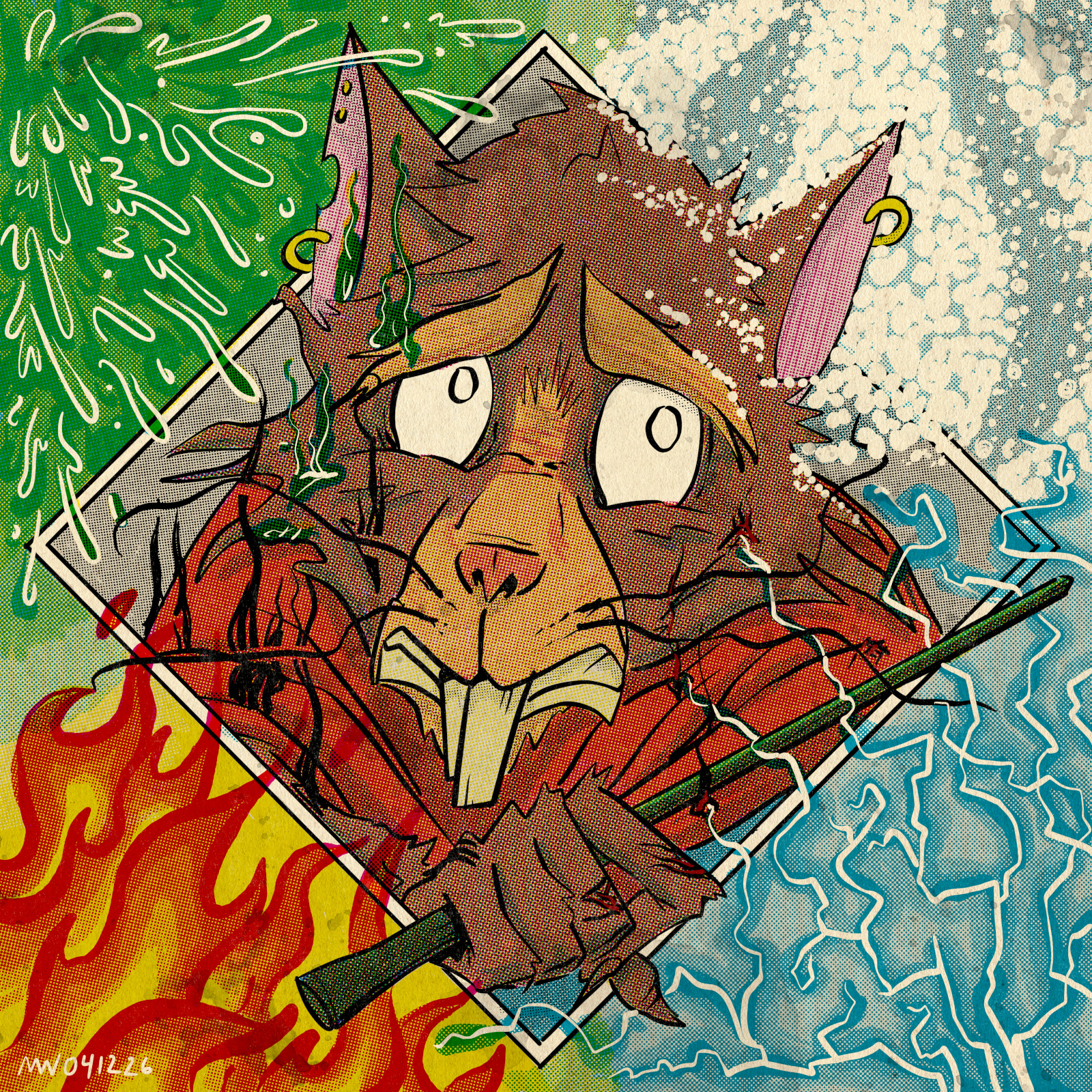 Nheb stares sadly amidst jets of acid, frost, electricity, and fire.