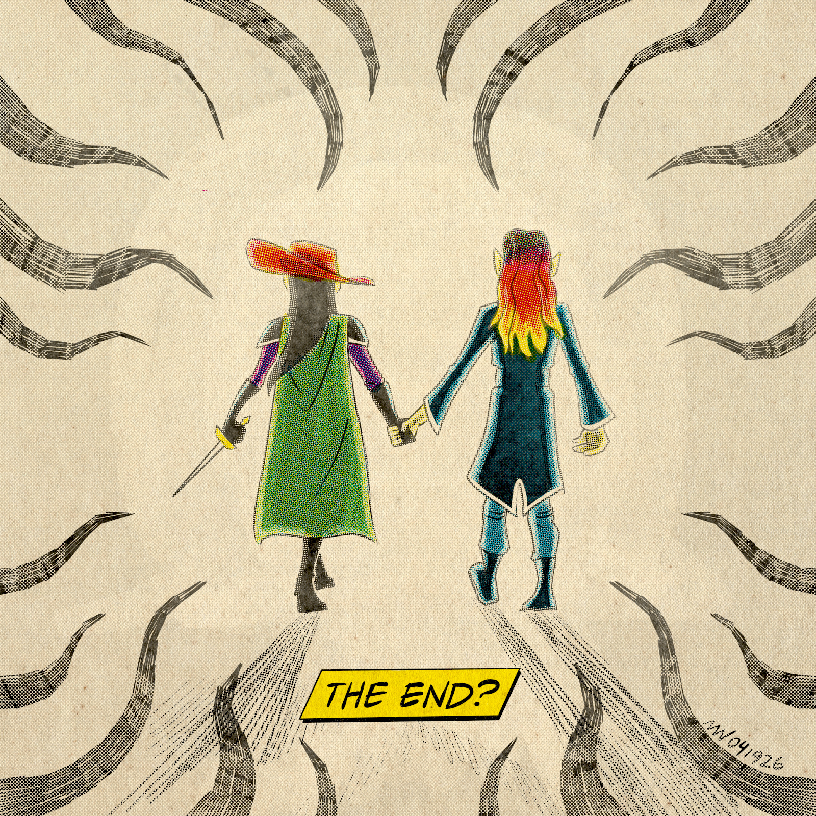 Tharivol and Stazi walk hand in hand into a bright light, while tentacles threaten at the edges of sight.
