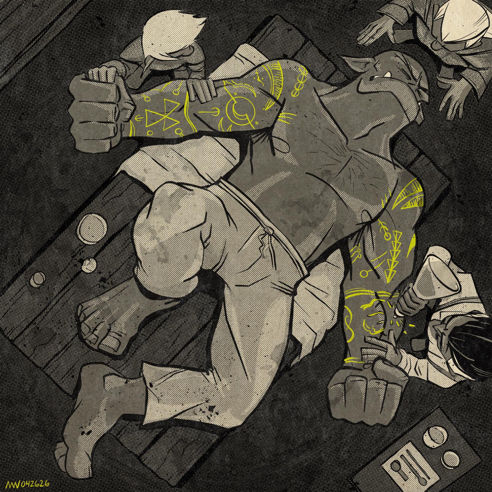 Grip lies writhing on a table, arms outstretched, while Dabwick, Pandora, and Bash tend to him and his tattoos.
