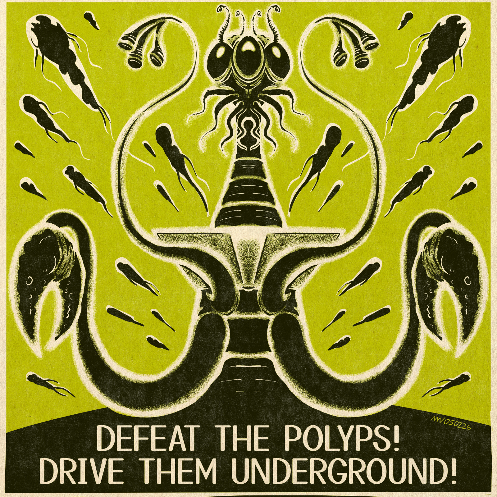 An alien figure with tentacles and three eyes holds a book-like object while the sky behind it is filled with dark amorphous figures. Writing reads "Defeat the Polyps! Drive them underground!"