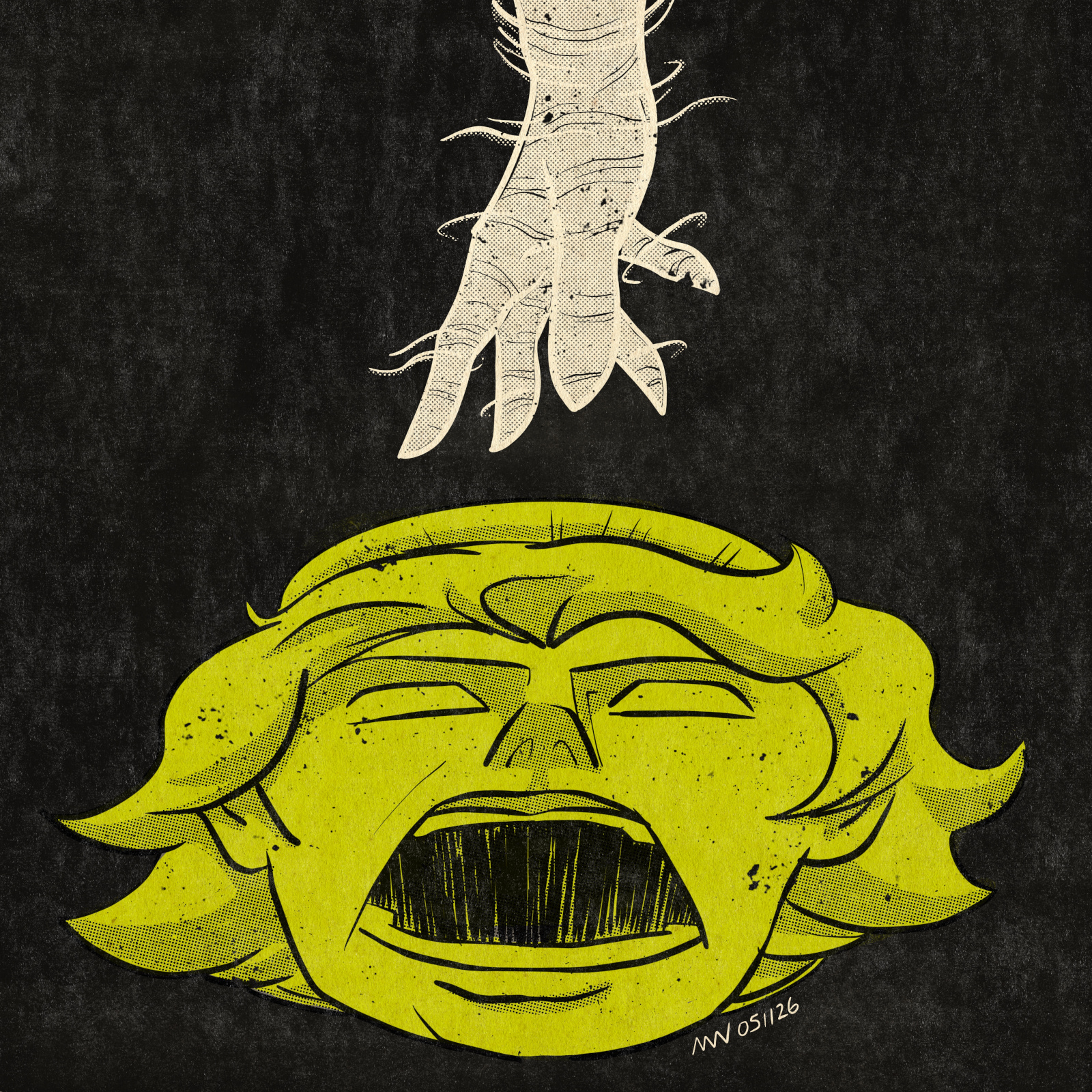 An airy, translucent hand reaches down toward an angel's open mouth.