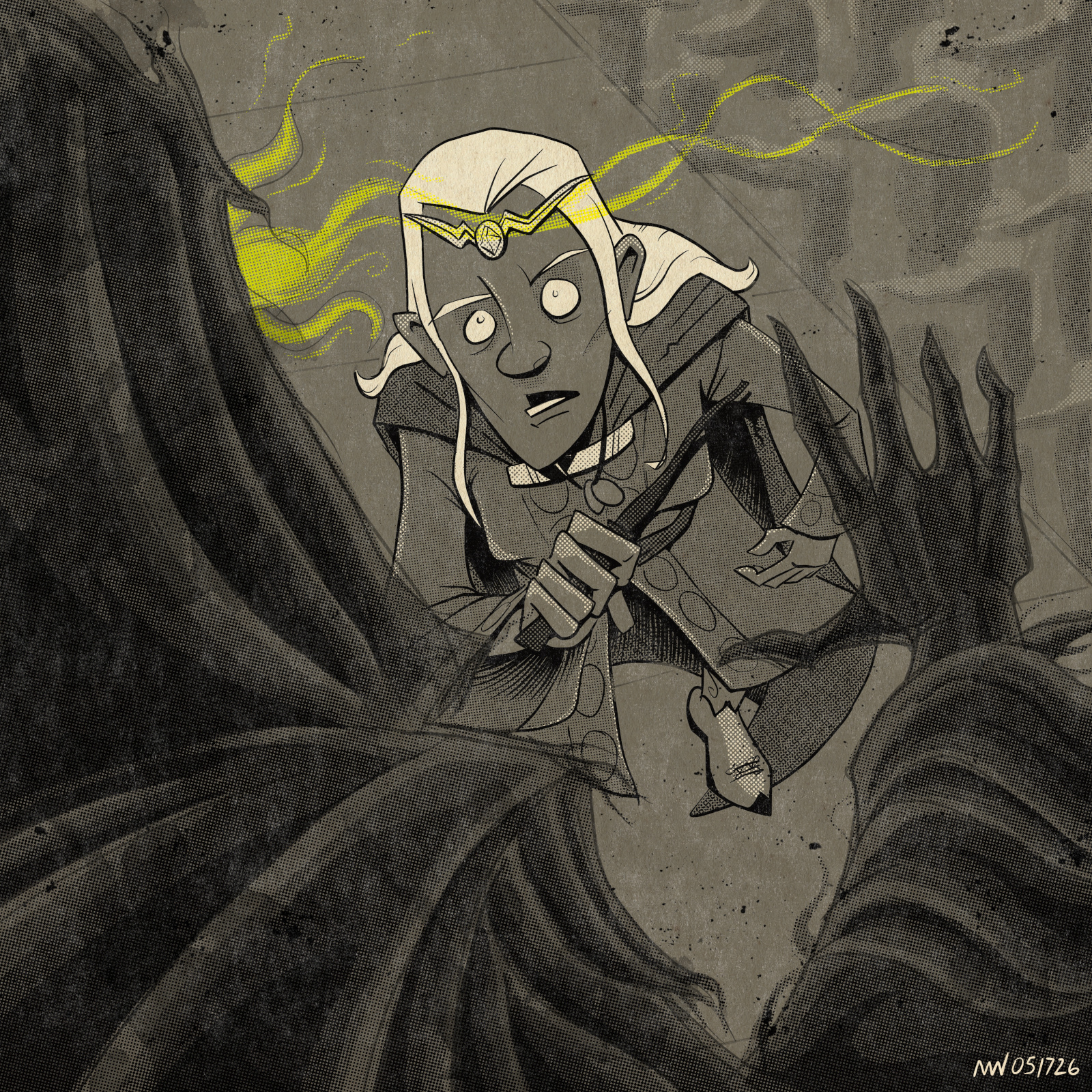 Pandora looks up at a black-robed figure towering over her.