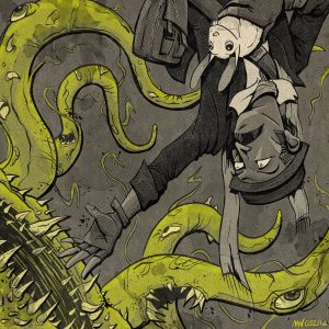 Bash floats upsidedown while holding a white rabbit and reaching into the mouth of a tentacled monster.