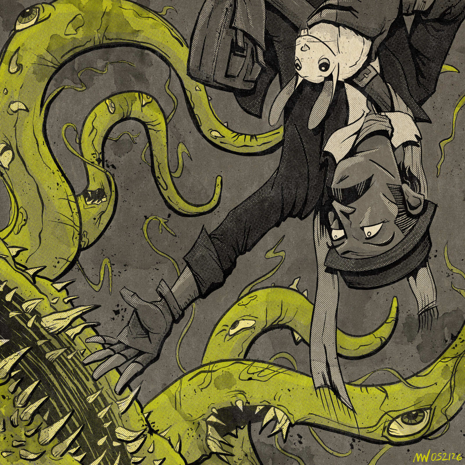 Bash floats upsidedown while holding a white rabbit and reaching into the mouth of a tentacled monster.