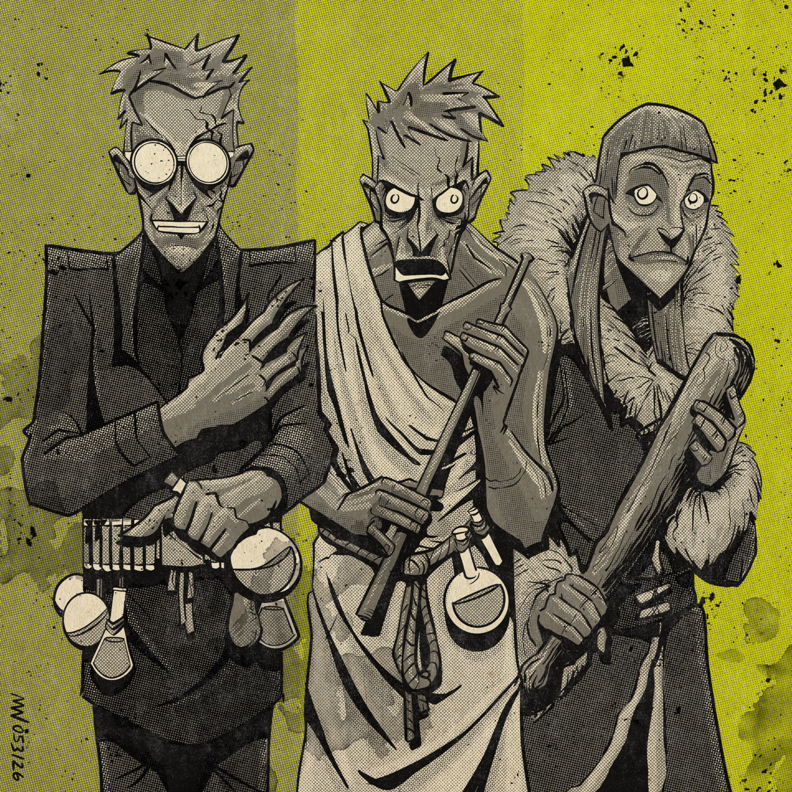 Two Miacknian Muns and an unknown woman gripping a club menace their surroundings.