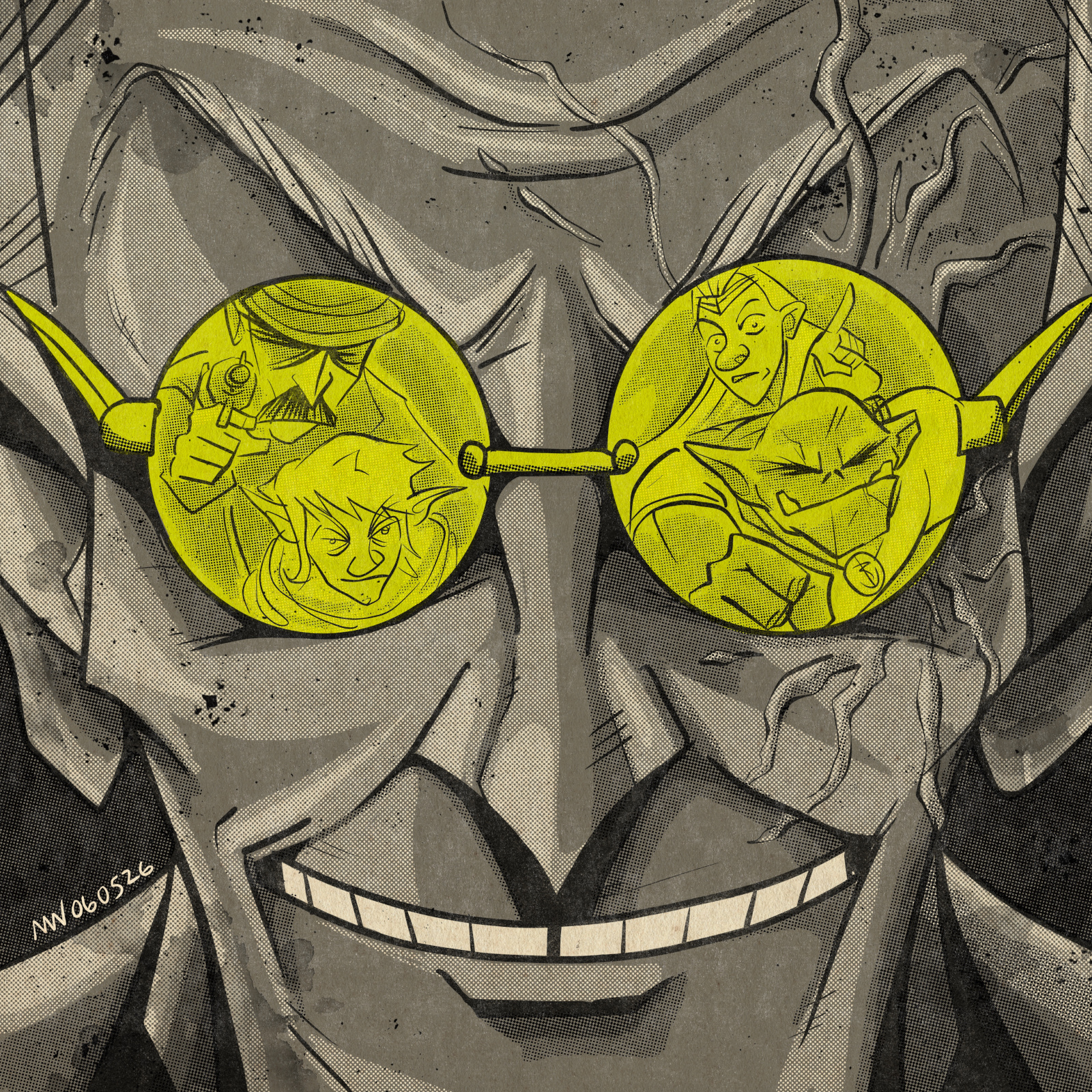 A grinning Mun stares at the viewer, with Bash, Dabwick, Pandora & Grip reflected in his glasses.